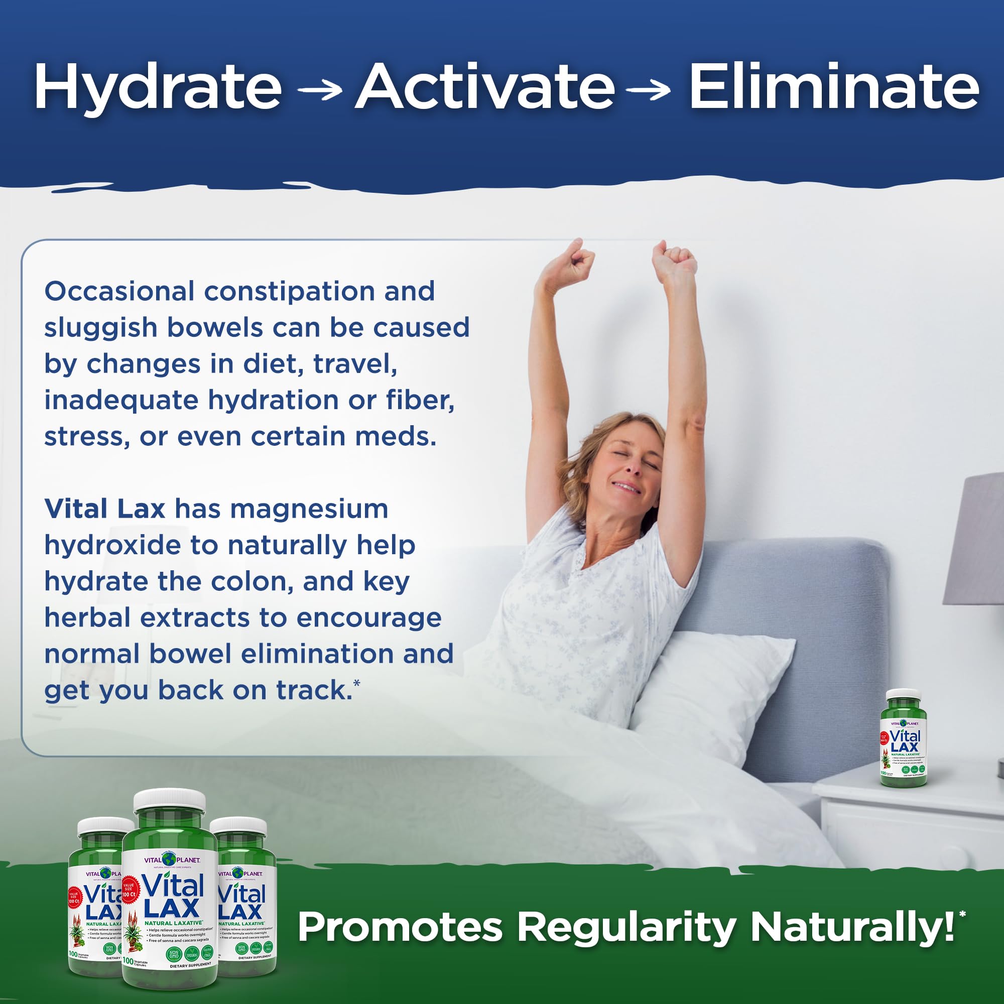 Vital Planet - Vital Lax Natural Laxative Cleanse Supplement for Occasional Constipation, with Magnesium Hydroxide, Slippery Elm, Aloe,