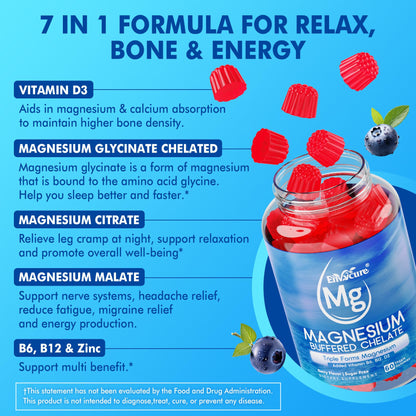 Magnesium Gummies - Triple Magnesium Complex, Magnesium Glycinate Gummies | Magnesium Glycinate, Malate, Citrate w/ D3 B6 B12, for Calm