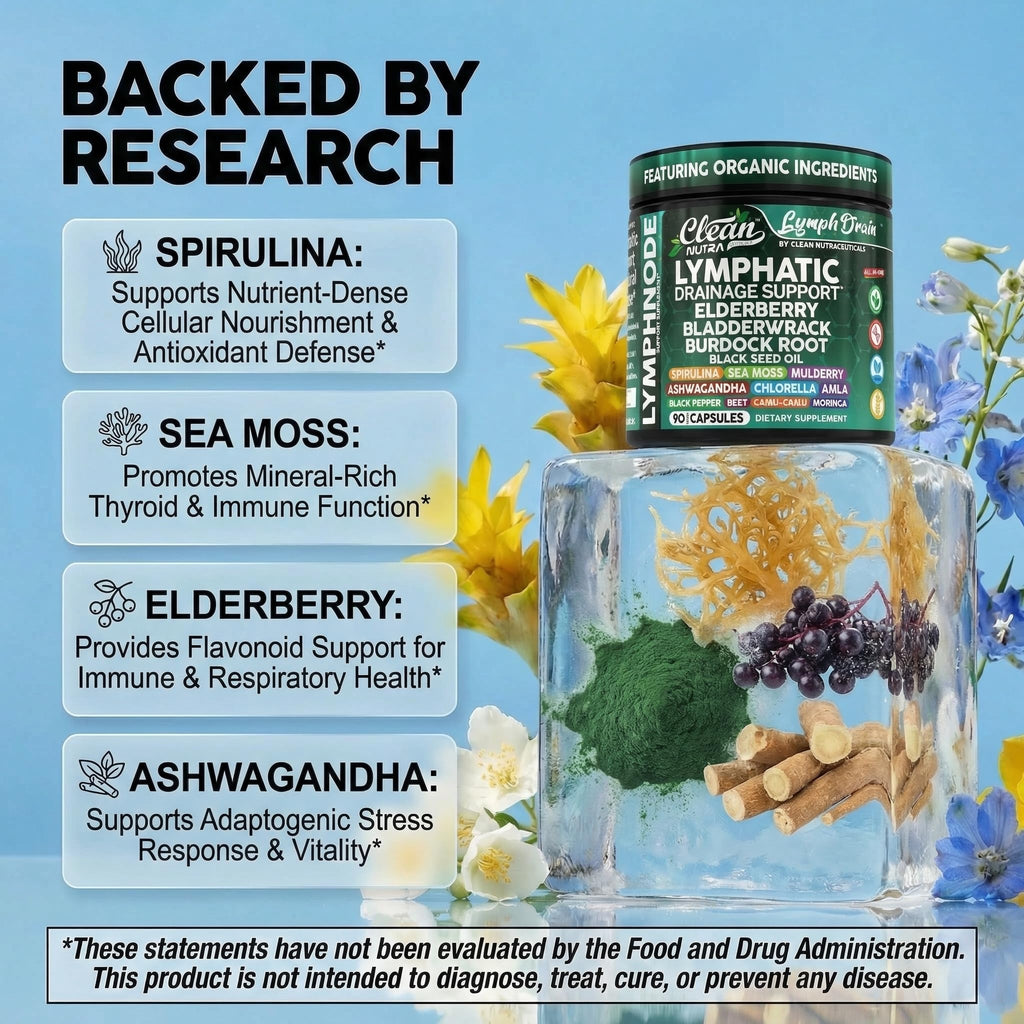 Organic Lymphatic Drainage Supplements | Elderberry Bladderwrack Burdock Root Black Seed Oil Spirulina Sea Moss Ashwagandha Chlorella Amla Beet Moringa Chlorophyll Lymph System Capsules By Clean Nutra Clean Nutraceuticals buy supplements Au