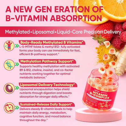 Methylated Vitamin B Complex Gummies for Women & Men, High Dose 2000 mcg Methyl B12, Liposomal Super All B Vitamins Methylfolate, B1, B2, B3, B5, B6, B7, Vitamin C,