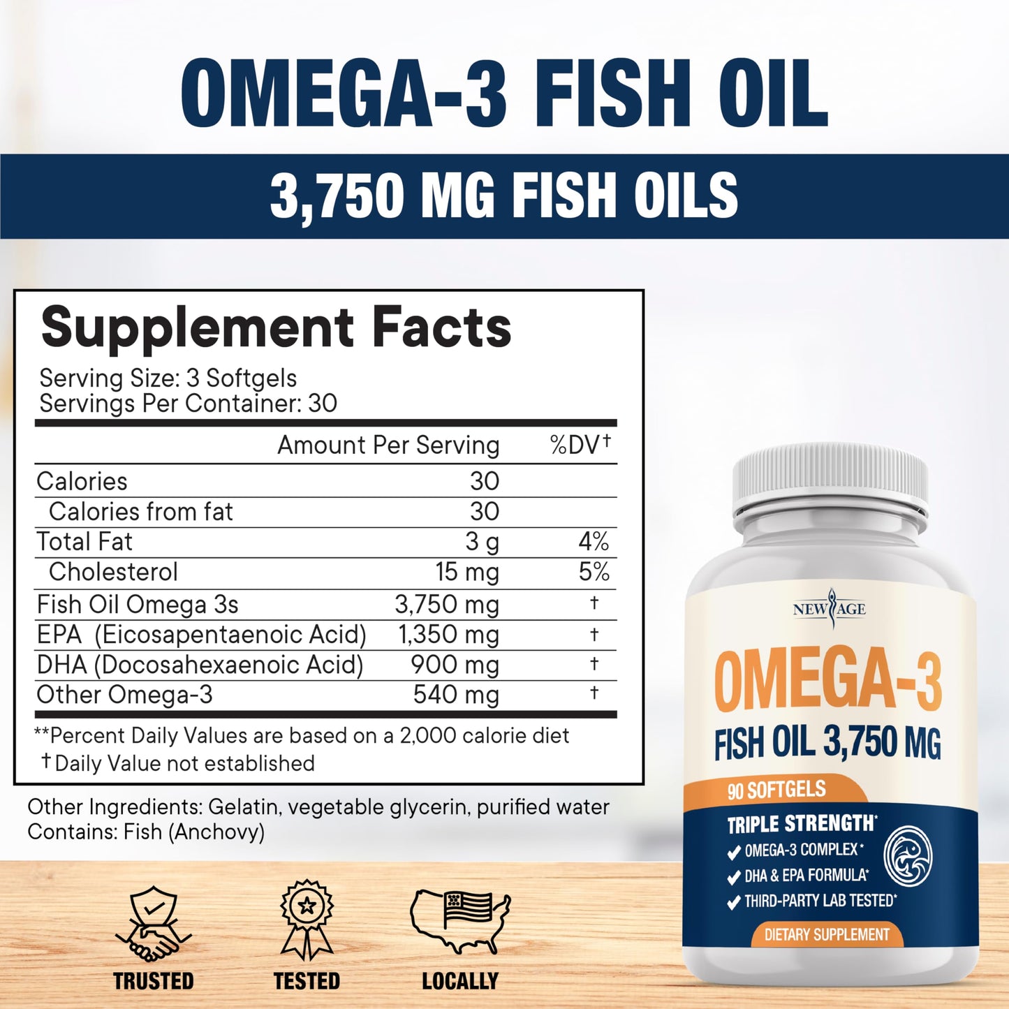 Triple Strength Omega 3 Fish Oil 3750 mg - EPA & DHA - Over 3000mg Omega-3 Fatty Acids - 1350mg EPA + 900mg DHA - Best Essential Fatty Acids, Burpless Fish Oil - 180 Count NEW AGE buy supplements Au