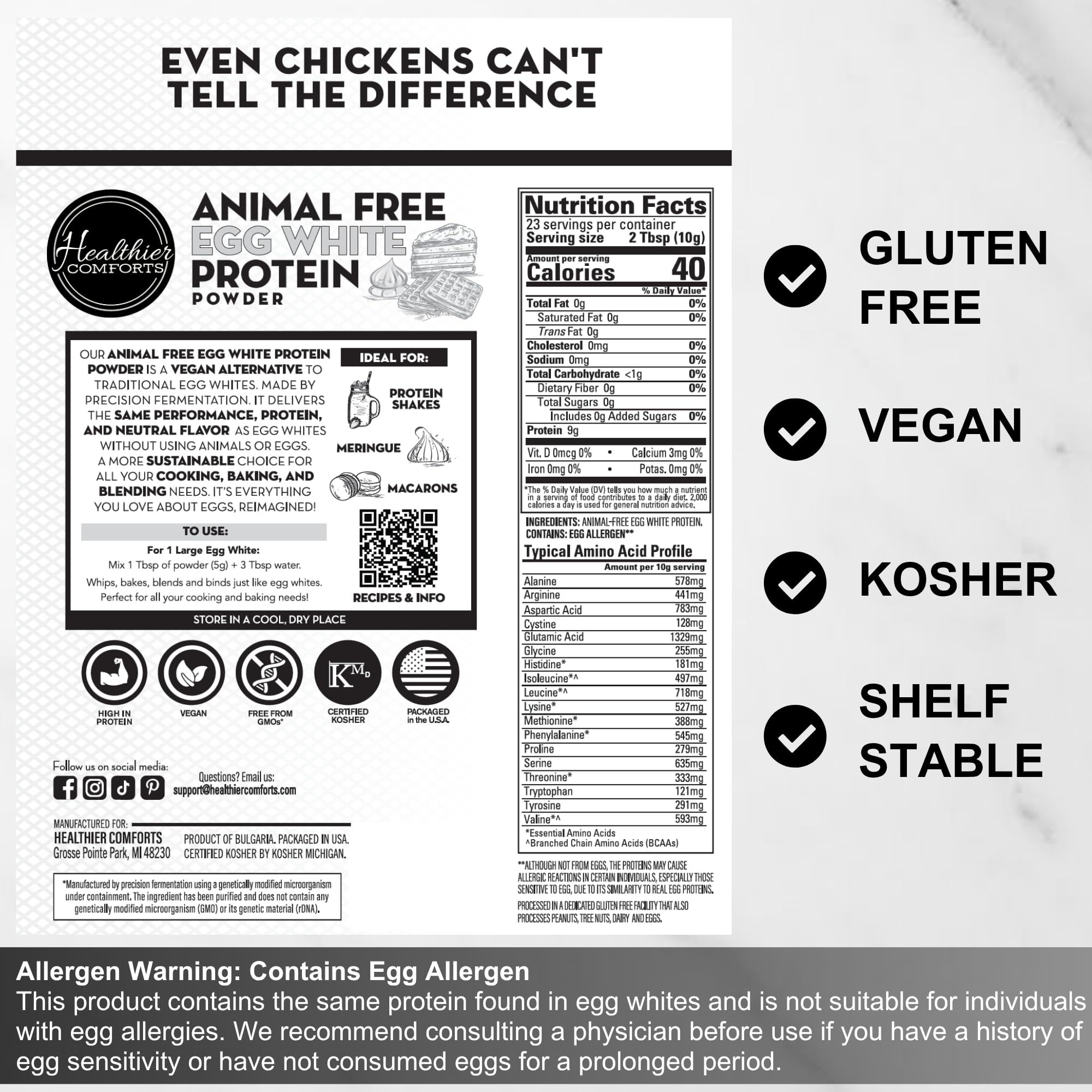 Healthier Comforts Animal-Free Egg White Protein Powder | Make Vegan Egg Omelets, Angel Food Cake, Meringue, Protein Shakes | Whips and Binds Just Like Traditional Egg Whites (8 oz)