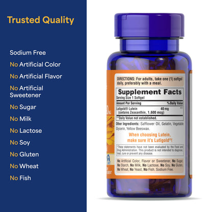 Puritan's Pride Premium Lutigold™ Lutein Carotenoid 40 mg with Zeaxanthin for Men and Women, Dietary Supplement for Eye Health Support, 2 Month Supply, 60 Easy-to-Swallow Softgels
