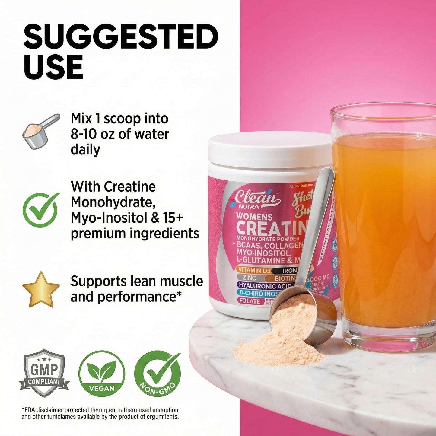 Creatine for Women | Creatine Monohydrate + Powder Myo-Inositol Collagen Biotin Hyaluronic Acid Folate L Glutamine Vitamin D3 Iron Zinc