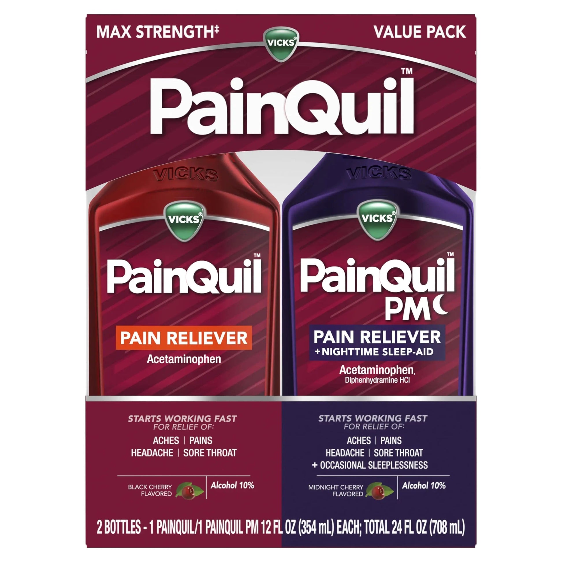 Vicks PainQuil & PainQuil PM Pain Relief Liquid, 1000mg Acetaminophen, 2x12 oz VicksBuy Supplements Australia