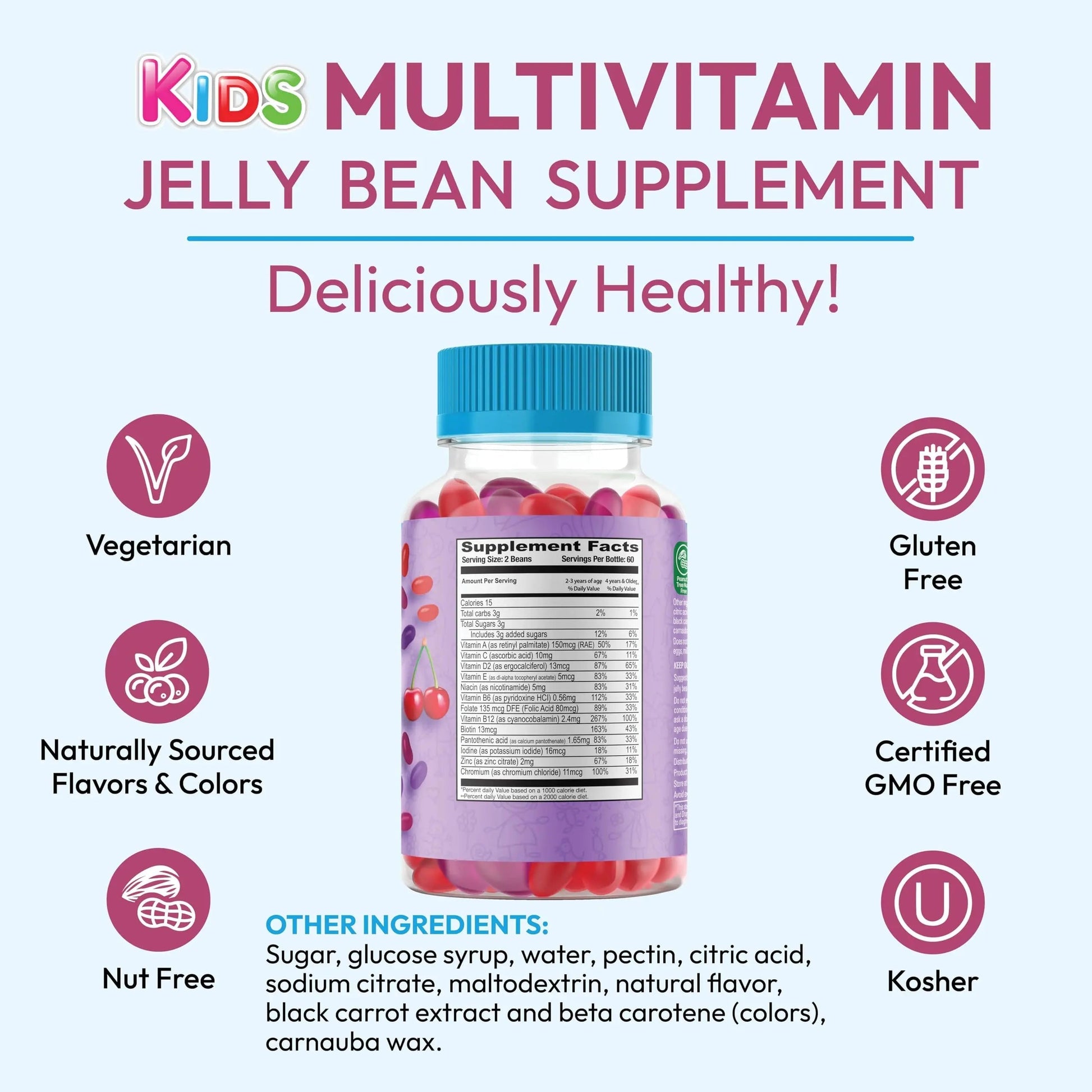 Human Beanz Multivitamin Jelly Bean Gummies with Zinc for Kids, Immune Support Dietary Supplements, Vegetarian, 120 Berry Blast Jelly Beans, Kosher Human Beanz