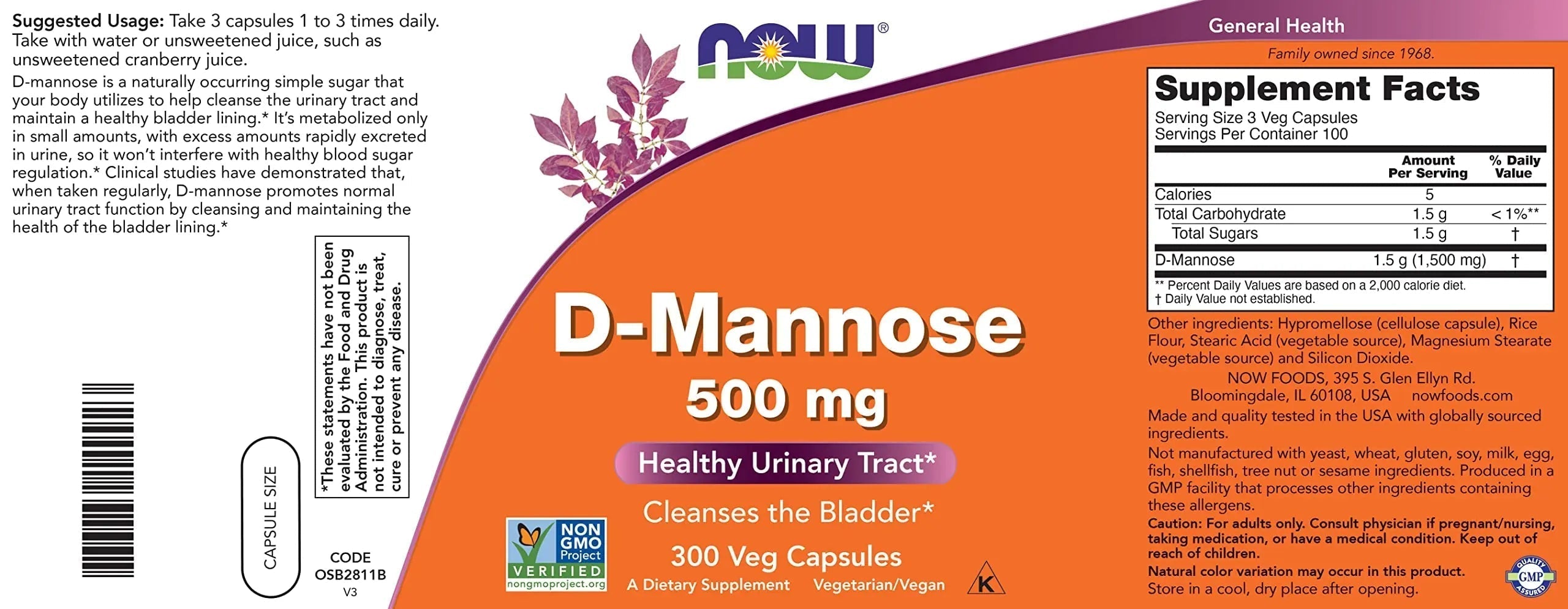 Now D-Mannose 500 mg, 300 Capsules - Vegan, Non GMO Supplement for Women and Men - Supports Healthy Urinary Tract, Cleanses The Bladder NOW FoodsBuy Supplements Australia