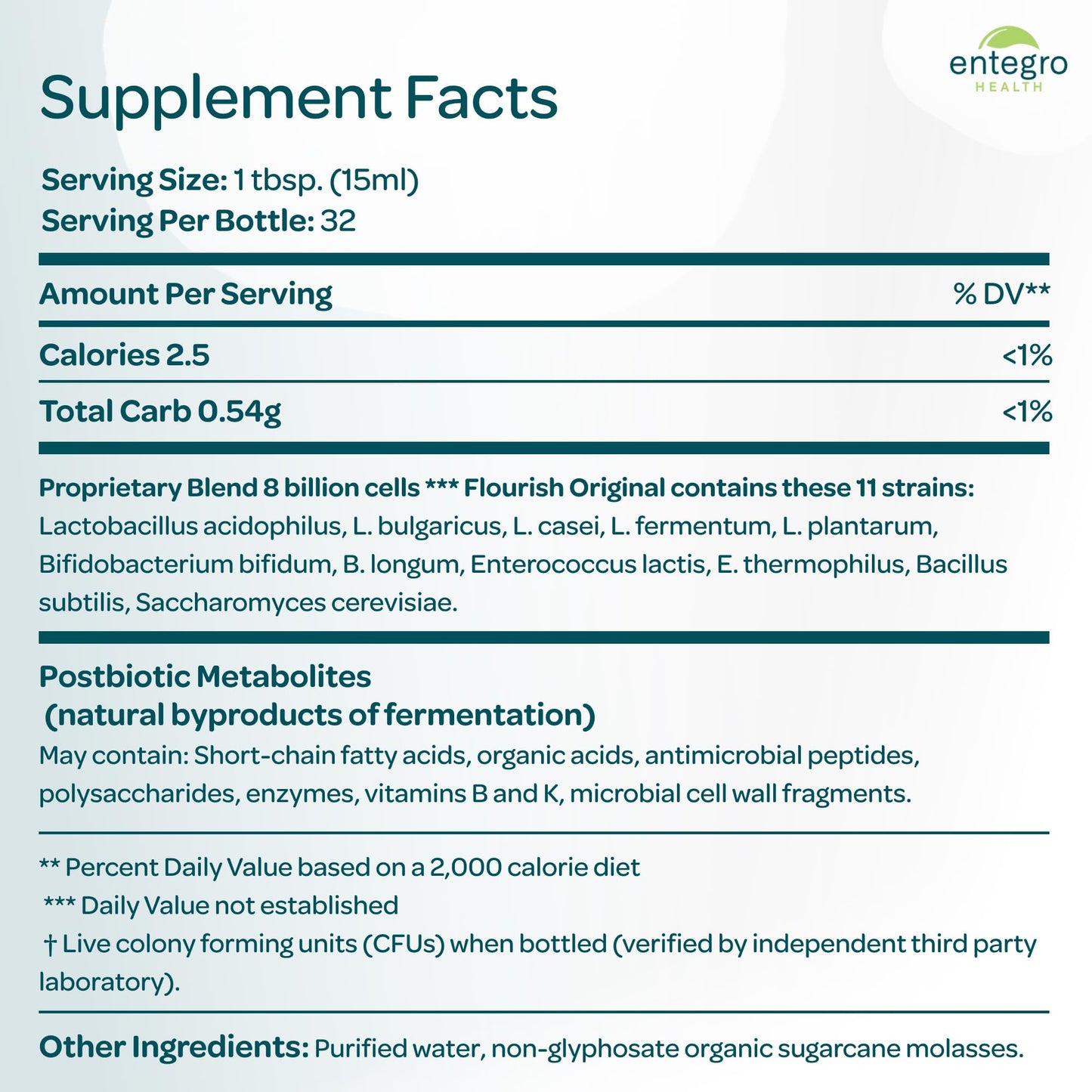 ENTEGRO Flourish Original Liquid Probiotic & Postbiotic Supplement - Glass | 11 Live Cultures | Gut & Digestive Health for Women, Men & Kids | Organic, Vegan