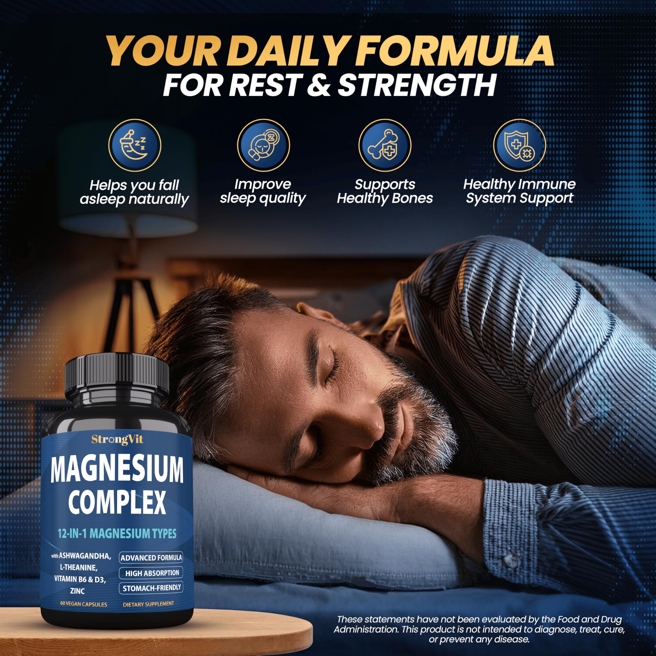 1000mg Magnesium Complex for Women and Men, 12 in 1 Magnesium Supplement with Ashwagandha, Zinc, D3, L-theanine. Easy to Swallow, High Absorption, Sleep Support & Stress Relief (60 Capsules) StrongVit buy supplements Au