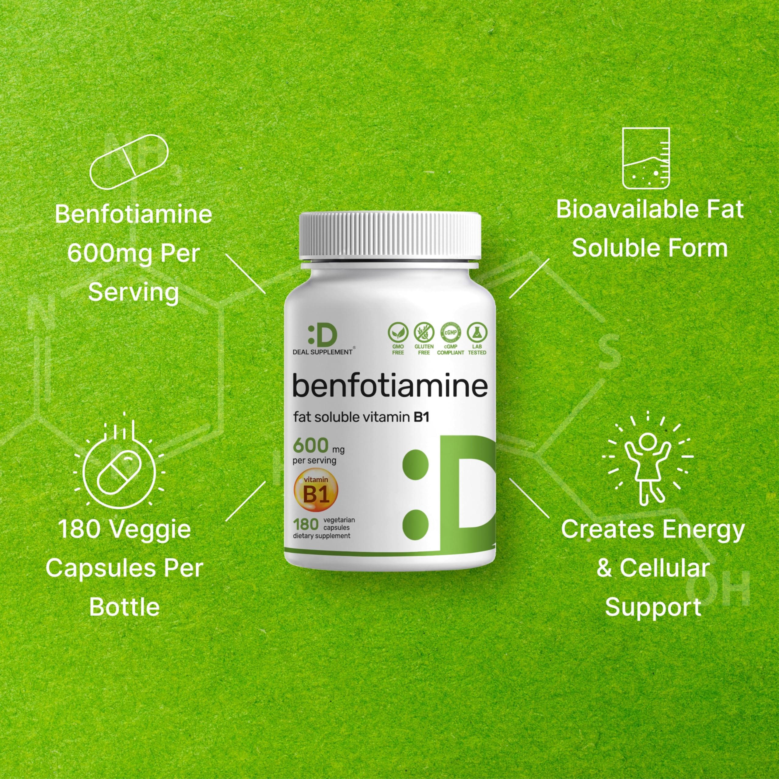 Benfotiamine 600mg Per Serving, 180 Veggie Capsules (300mg Per Cap) – Fat Soluble Vitamin B1 Thiamine Supplement