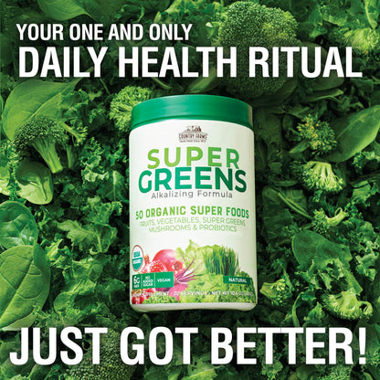 Country Farms Organic Super Greens Natural Flavor, 50 Organic Super Foods, Packed with Fiber, USDA Organic Drink Mix, Fruits, Vegetables, Mushrooms & Probiotics