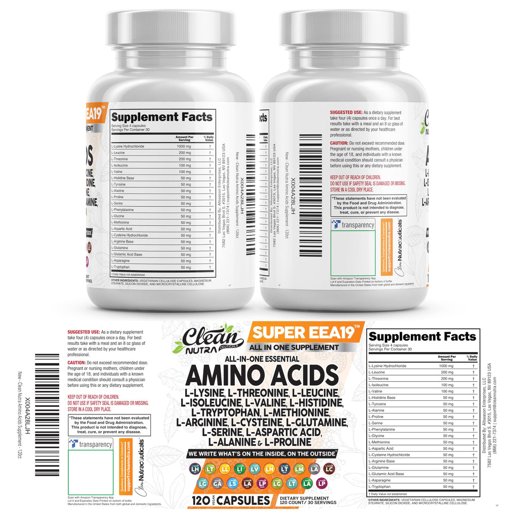 Clean Nutraceuticals Amino Acids Supplement L-Lysine, L-Threonine, L-Leucine, Isoleucine, Valine, L-Histidine, L-Tryptophan, L-Methionine, L-Arginine, L-Cysteine,