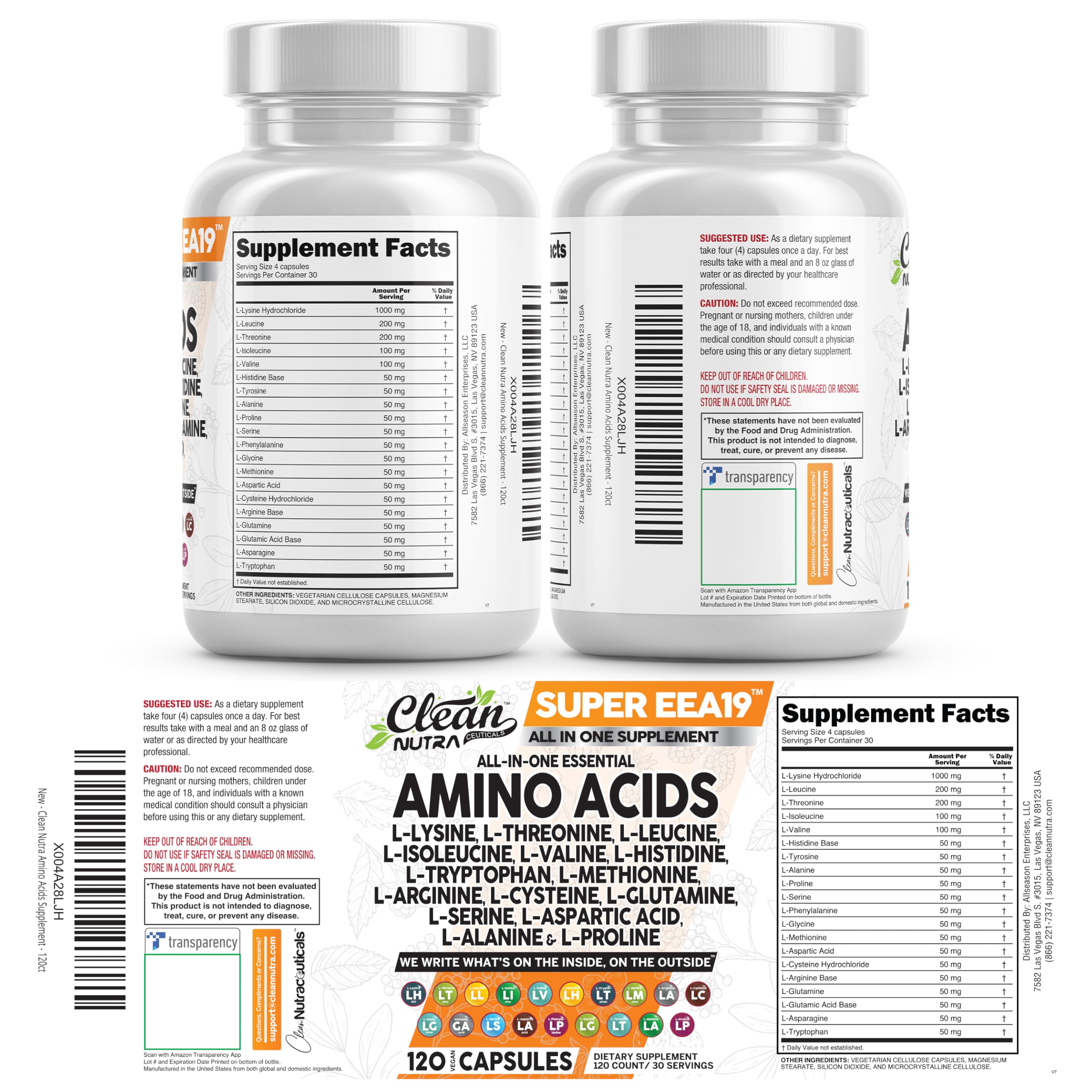 Clean Nutraceuticals Amino Acids Supplement L-Lysine, L-Threonine, L-Leucine, Isoleucine, Valine, L-Histidine, L-Tryptophan, L-Methionine, L-Arginine, L-Cysteine,
