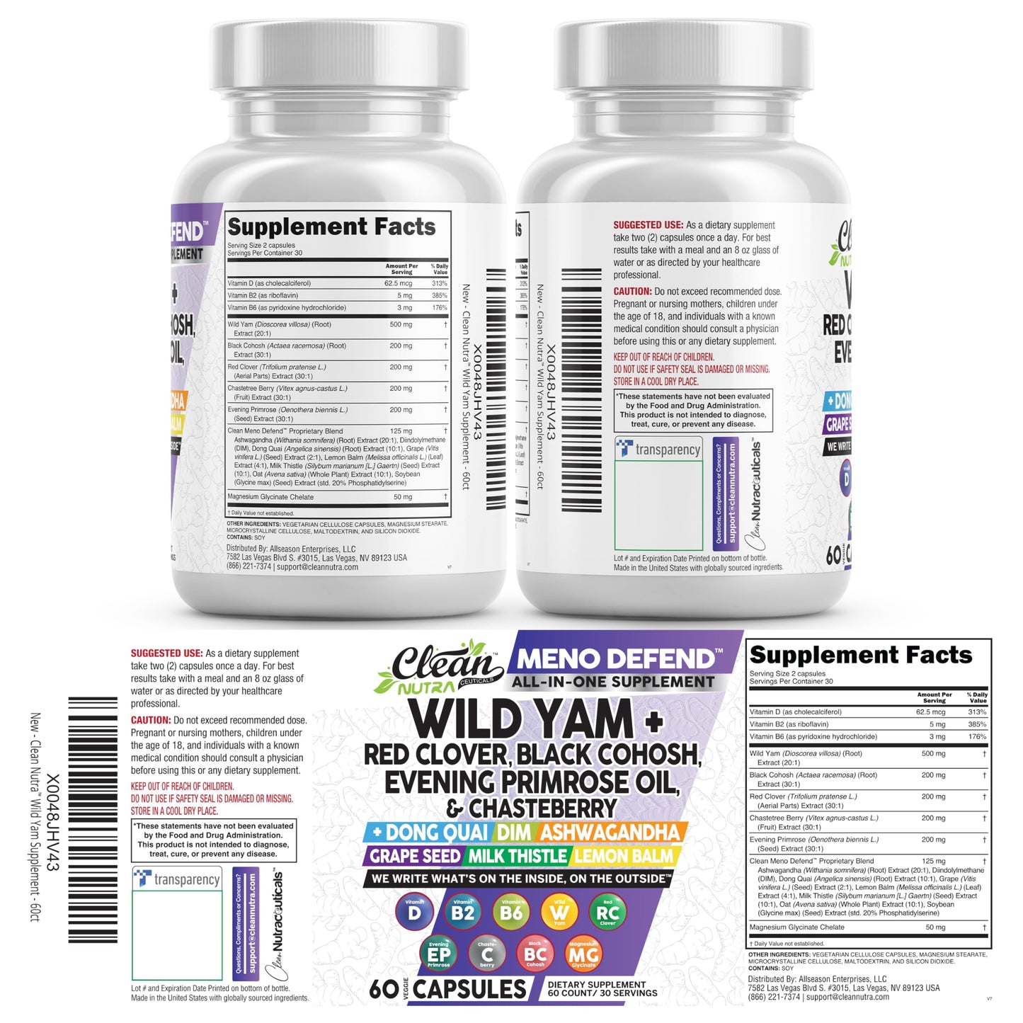 Clean Nutra Wild Yam Root Capsules with Red Clover Black Cohosh Evening Primrose Oil Chasteberry Dong Quai DIM Ashwagandha Grape Seed Extract Milk Thistle Lemon Balm