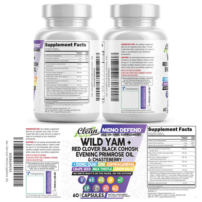 Clean Nutra Wild Yam Root Capsules with Red Clover Black Cohosh Evening Primrose Oil Chasteberry Dong Quai DIM Ashwagandha Grape Seed Extract Milk Thistle Lemon Balm