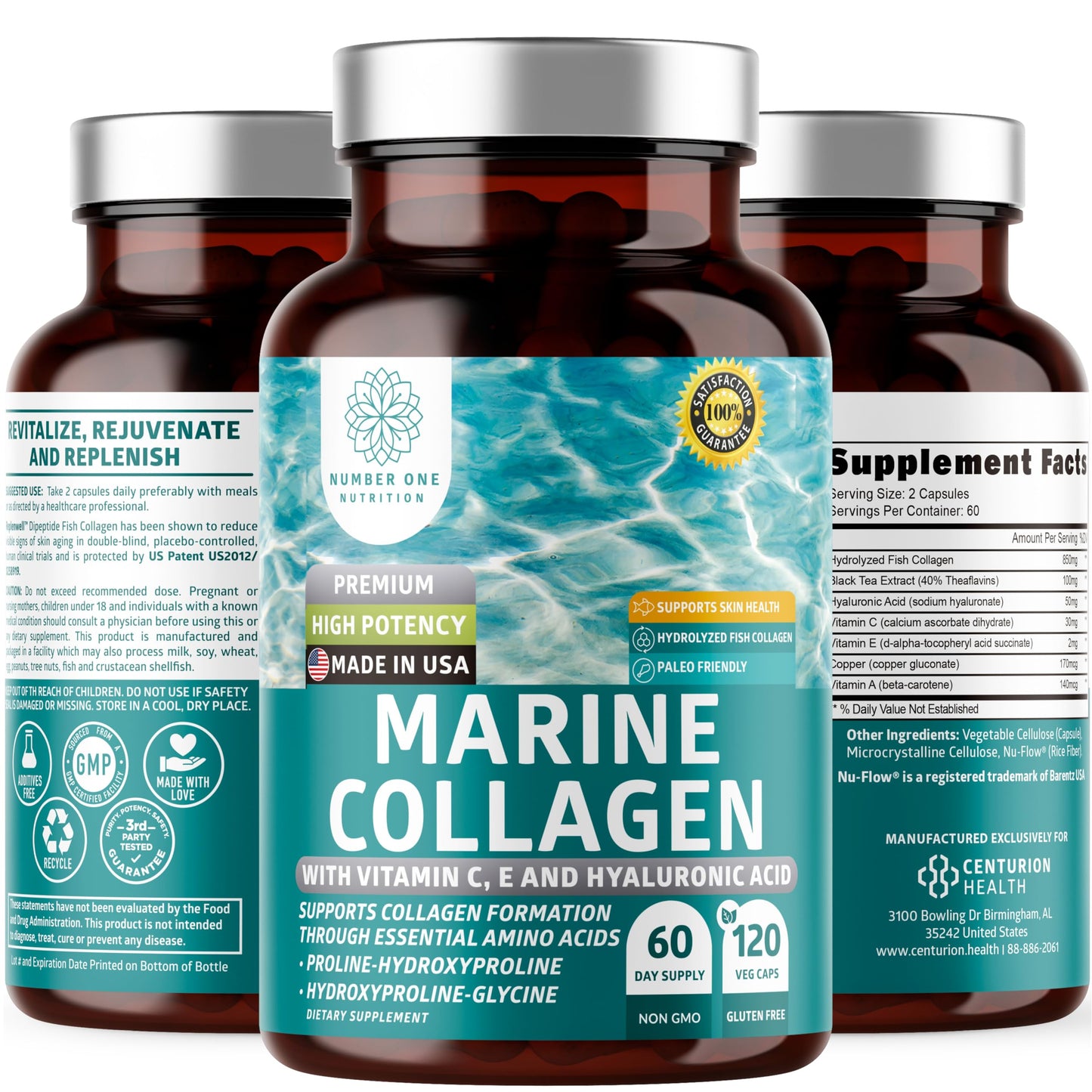 Hydrolyzed Marine Collagen with Hyaluronic Acid, Vitamin C, Theaflavin and Copper, Collagen Supplement for Women and Men for Radiant Skin, Hair & Nails,