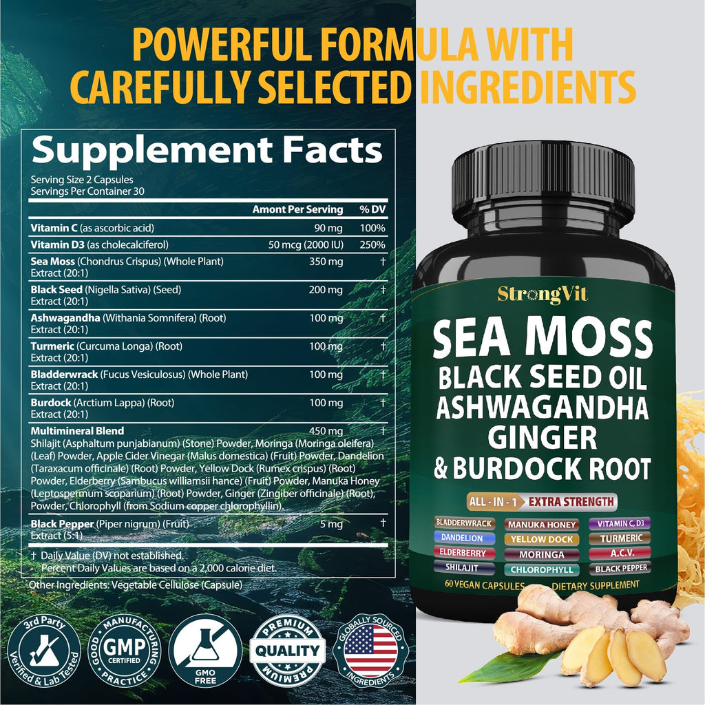 StrongVit Sea Moss Black Seed Oil Ashwagandha Ginger, Organic Sea Moss Capsules with Burdock Root, Irish Seamoss Pills with Bladderwrack, Advanced Multimineral Supplement, USA StrongVitBuy Supplements Australia