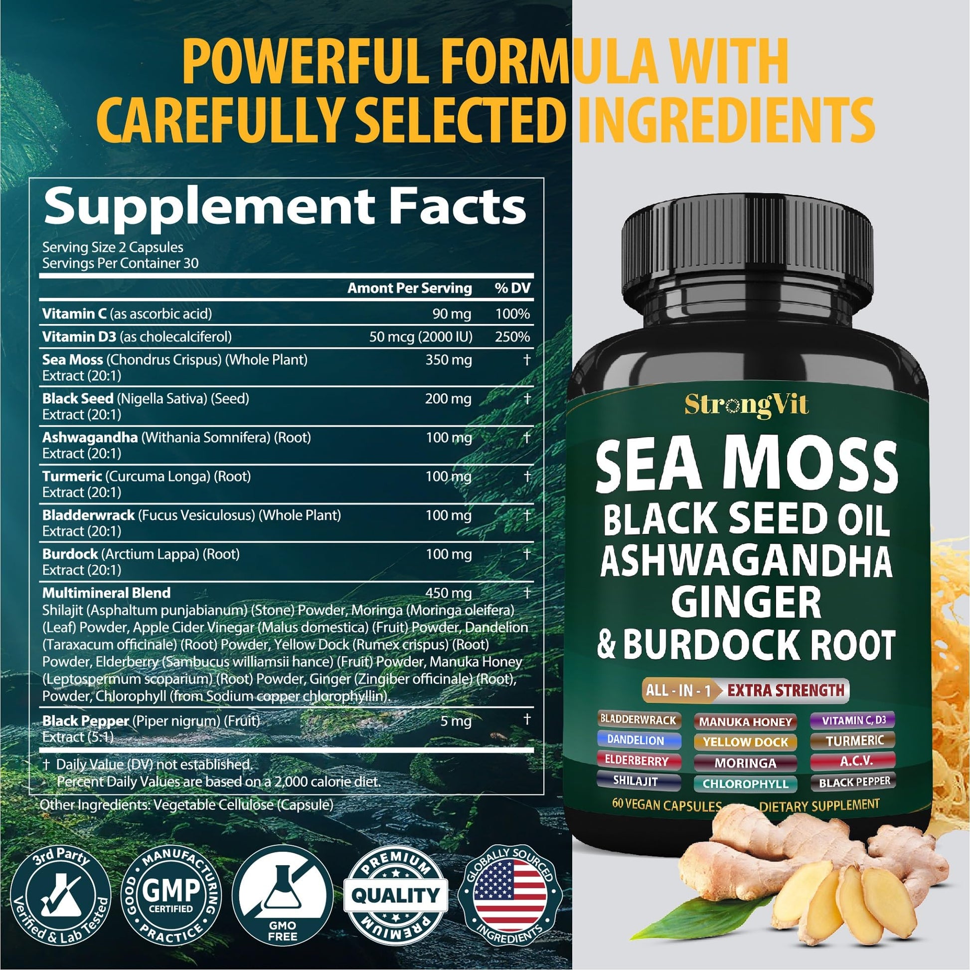 StrongVit Sea Moss Black Seed Oil Ashwagandha Ginger, Organic Sea Moss Capsules with Burdock Root, Irish Seamoss Pills with Bladderwrack, Advanced Multimineral Supplement, USA StrongVitBuy Supplements Australia