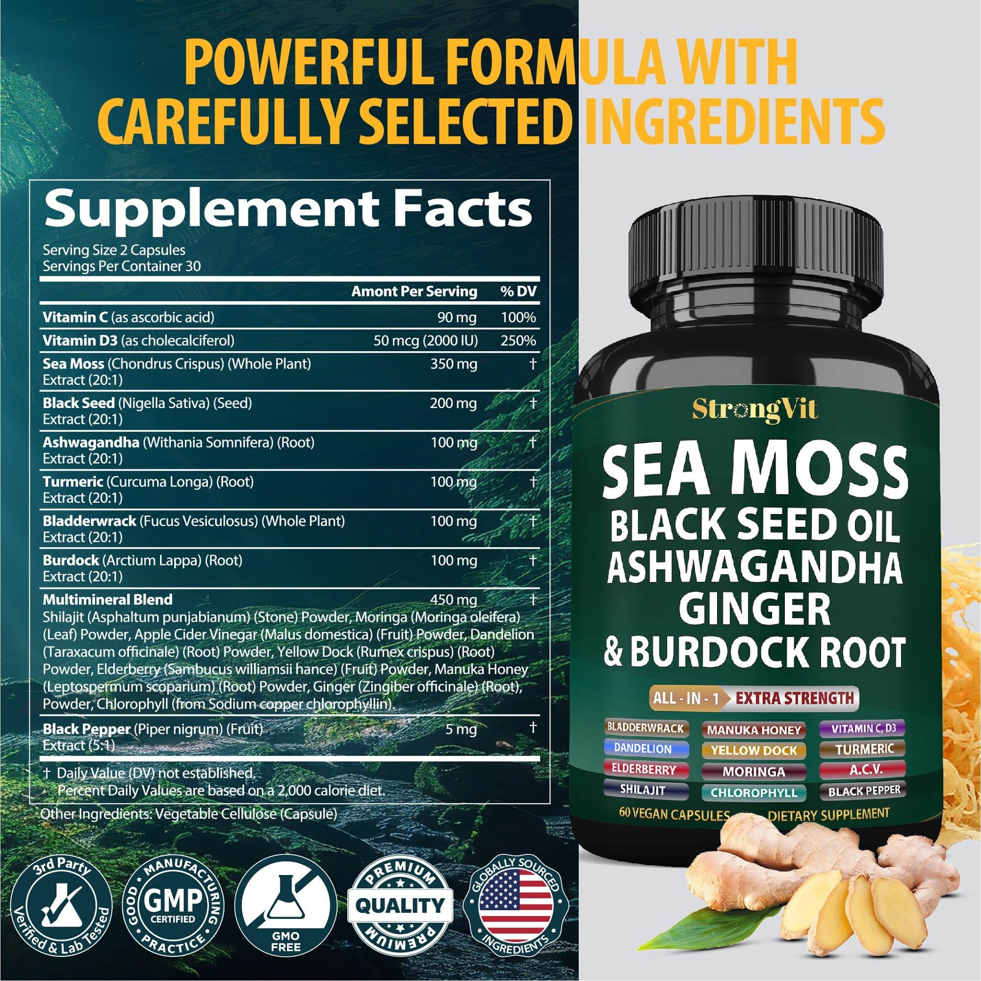 StrongVit Sea Moss Black Seed Oil Ashwagandha Ginger, Organic Sea Moss Capsules with Burdock Root, Irish Seamoss Pills with Bladderwrack, Advanced Multimineral Supplement, USA StrongVitBuy Supplements Australia