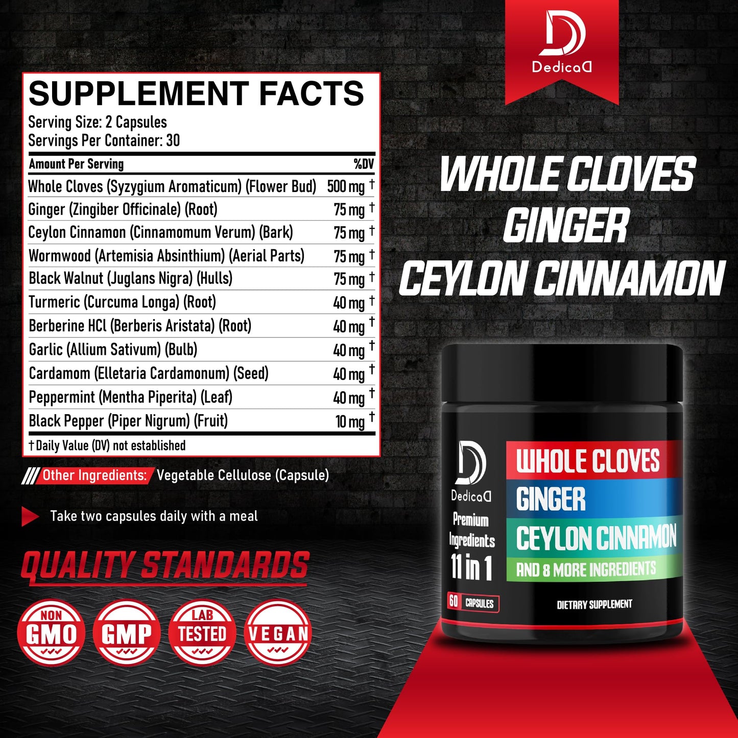 DEDICAD 11in1 Cloves Supplement with Ginger, Ceylon Cinnamon and 8 Other More - Digestive, Immune System, Mood Support - 60 Capsules - 30 Days Supply DEDICAD buy supplements Au