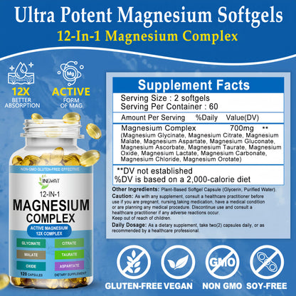 Magnesium Complex Softgels - 12-in-1 Magnesium Supplement with Glycinate,Citrate,Malate,Oxide,Taurate - High Absorption Magnesium Complex for Women & Men for Muscle, Heart, Sleep, Bone, Nerve Support JINGYAT buy supplements Au