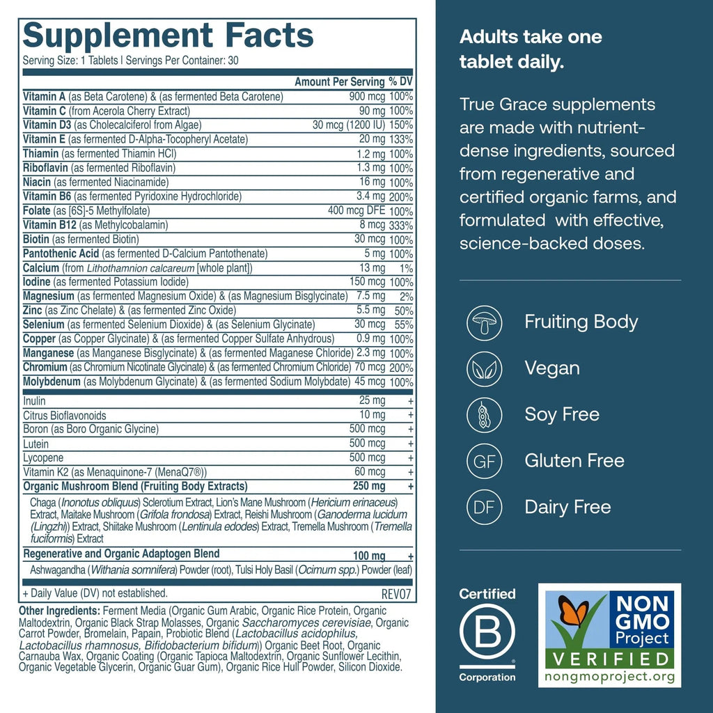 True Grace Men's 40+ One Daily Multivitamin Fermented Minerals, Organic Adaptogens & Mushrooms Whole Body Balance Immune True Grace