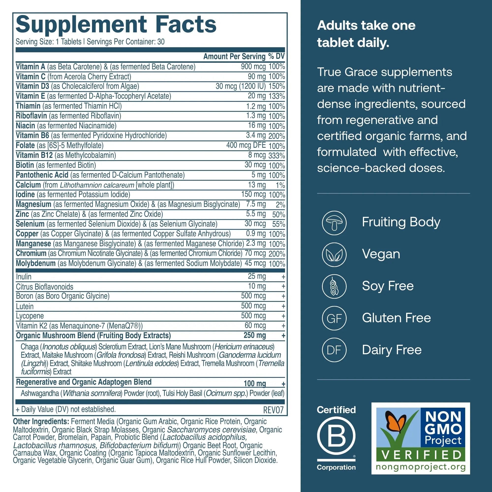 True Grace Men's 40+ One Daily Multivitamin Fermented Minerals, Organic Adaptogens & Mushrooms Whole Body Balance Immune True Grace