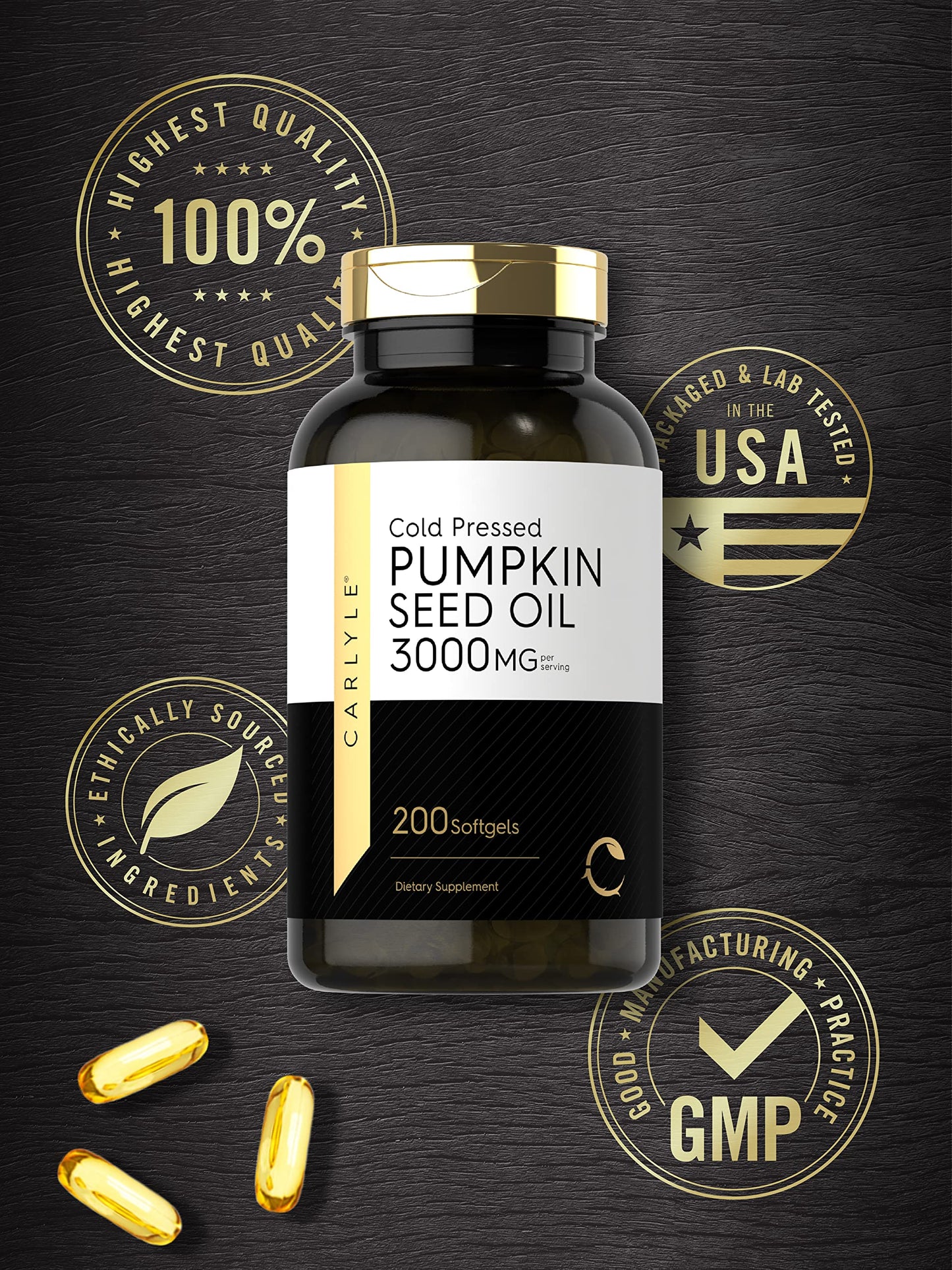 Carlyle Pumpkin Seed Oil Capsules | 3000mg | 200 Softgels | Essential Fatty Acids | Cold Pressed Dietary Supplement | Non-GMO and Gluten Free Formula
