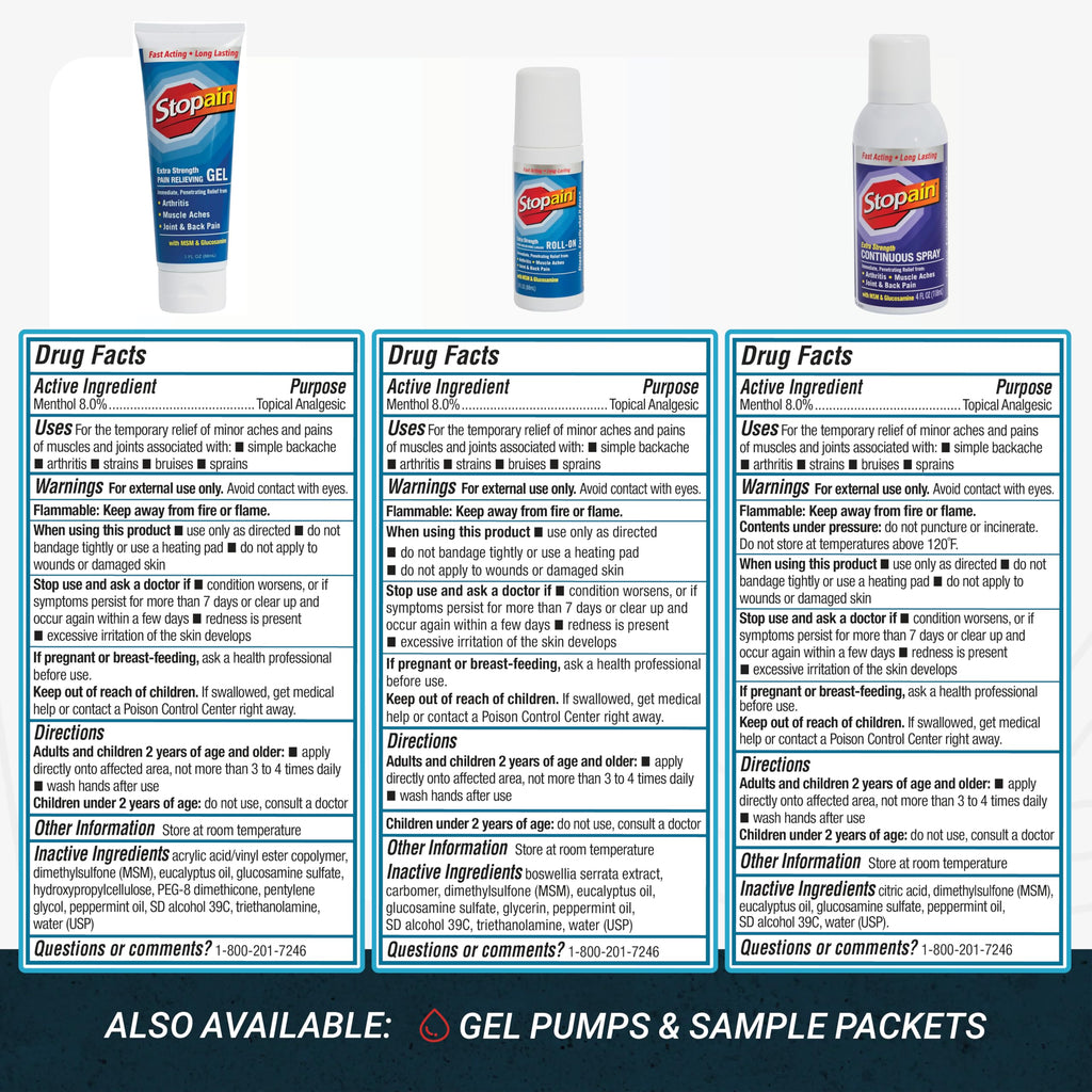 Stopain Pain Relief Combo Set (Gel, Roll On, Spray) USA Made, Max Strength Fast Acting with MSM, Glucosamine, Menthol for Lower Back, Knee, Neck HSA FSA Topical Analgesic Products StopainBuy Supplements Australia