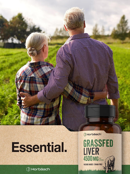 Horbäach Grass Fed Beef Liver | 4500mg | 90 Capsules | Desiccated, Pasture Raised, Grain Free, Non-GMO Supplement