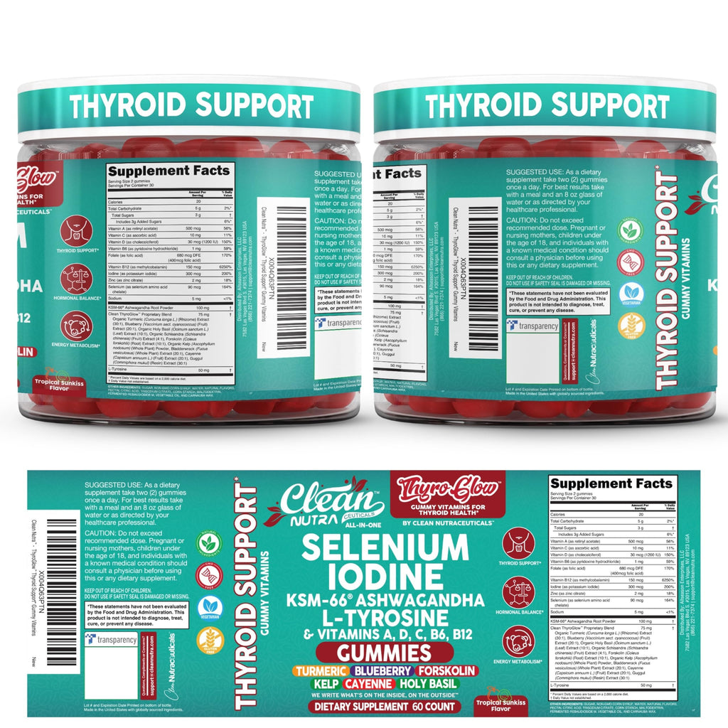 ThyroGlow Thyroid Support Gummies Selenium Iodine KSM 66 Ashwagandha L Tyrosine Vitamin D, C, B12, B6 Turmeric Blueberry Holy