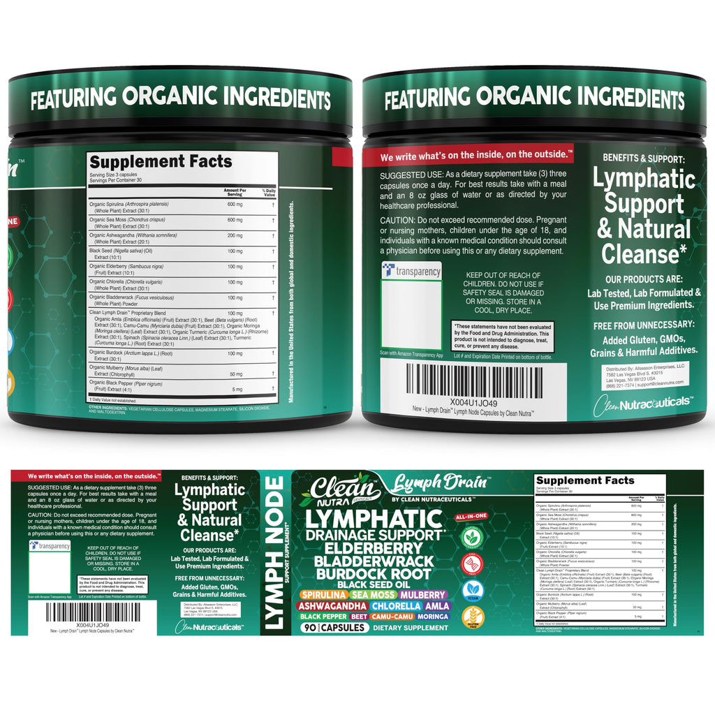 Organic Lymphatic Drainage Supplements | Elderberry Bladderwrack Burdock Root Black Seed Oil Spirulina Sea Moss Ashwagandha Chlorella Amla Beet Moringa Chlorophyll Lymph System Capsules By Clean Nutra Clean Nutraceuticals buy supplements Au