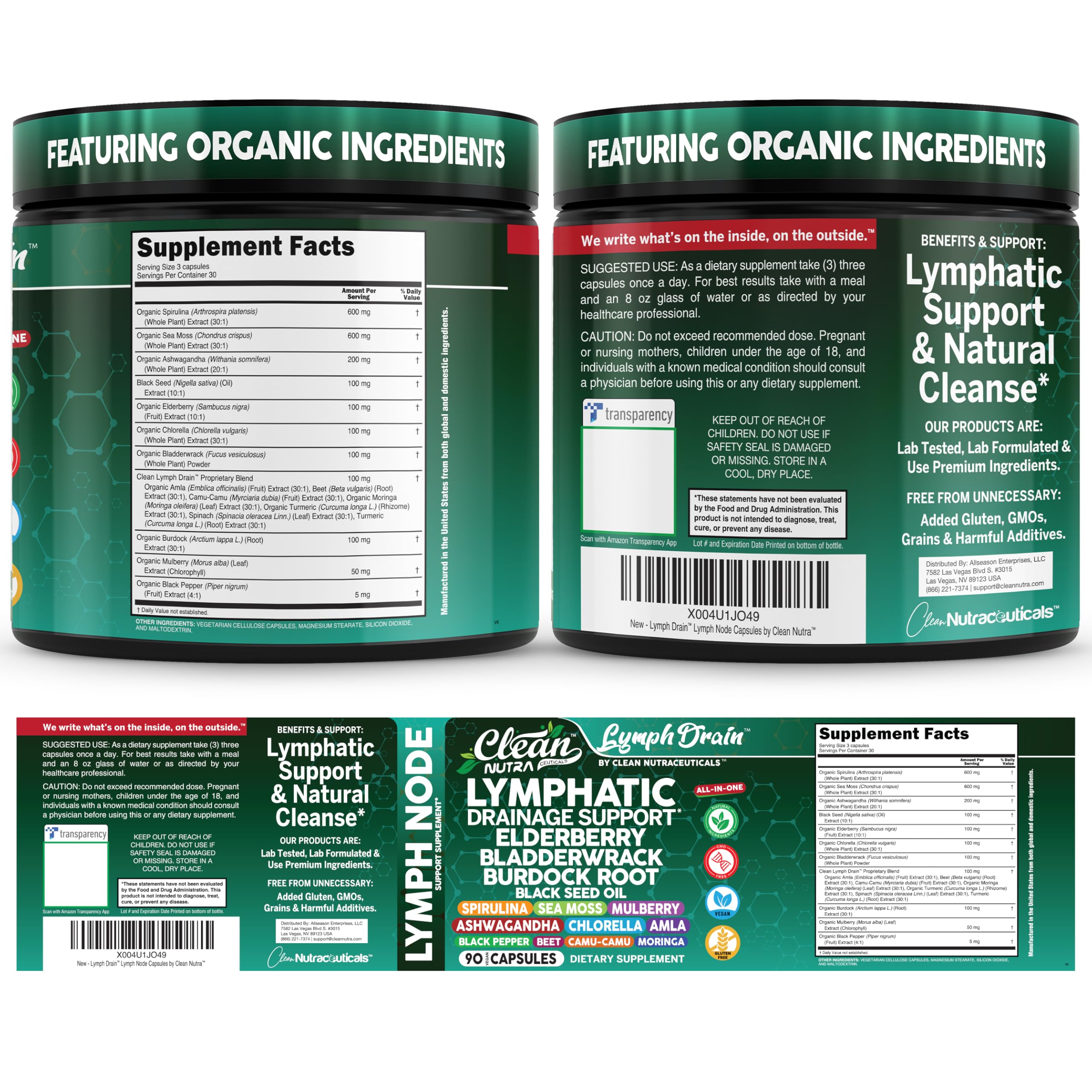 Organic Lymphatic Drainage Supplements | Elderberry Bladderwrack Burdock Root Black Seed Oil Spirulina Sea Moss Ashwagandha Chlorella Amla Beet Moringa Chlorophyll Lymph System Capsules By Clean Nutra Clean Nutraceuticals buy supplements Au