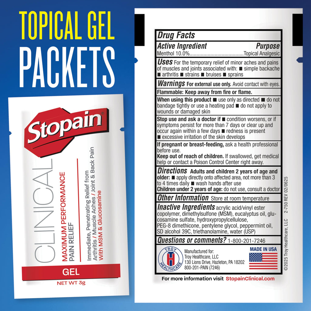 Stopain Pain Relief Clinical Gel Packets, 50 Pack, Made in USA, Maximum Performance Pain Relief with 10% Menthol Plus Glucosamine for Muscle Aches, Joint Pain, and Arthritis StopainBuy Supplements Australia