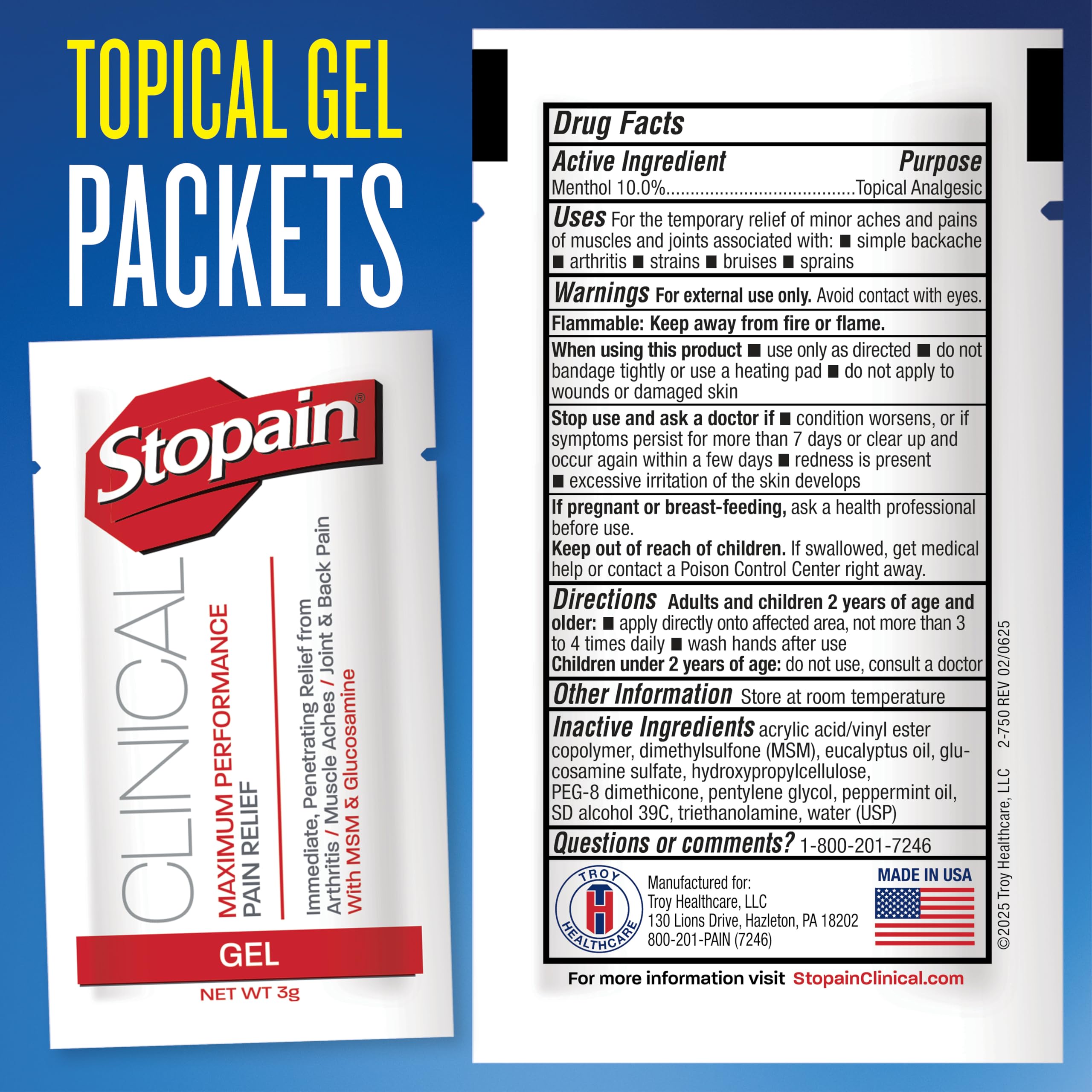 Stopain Pain Relief Clinical Gel Packets, 50 Pack, Made in USA, Maximum Performance Pain Relief with 10% Menthol Plus Glucosamine for Muscle Aches, Joint Pain, and Arthritis StopainBuy Supplements Australia