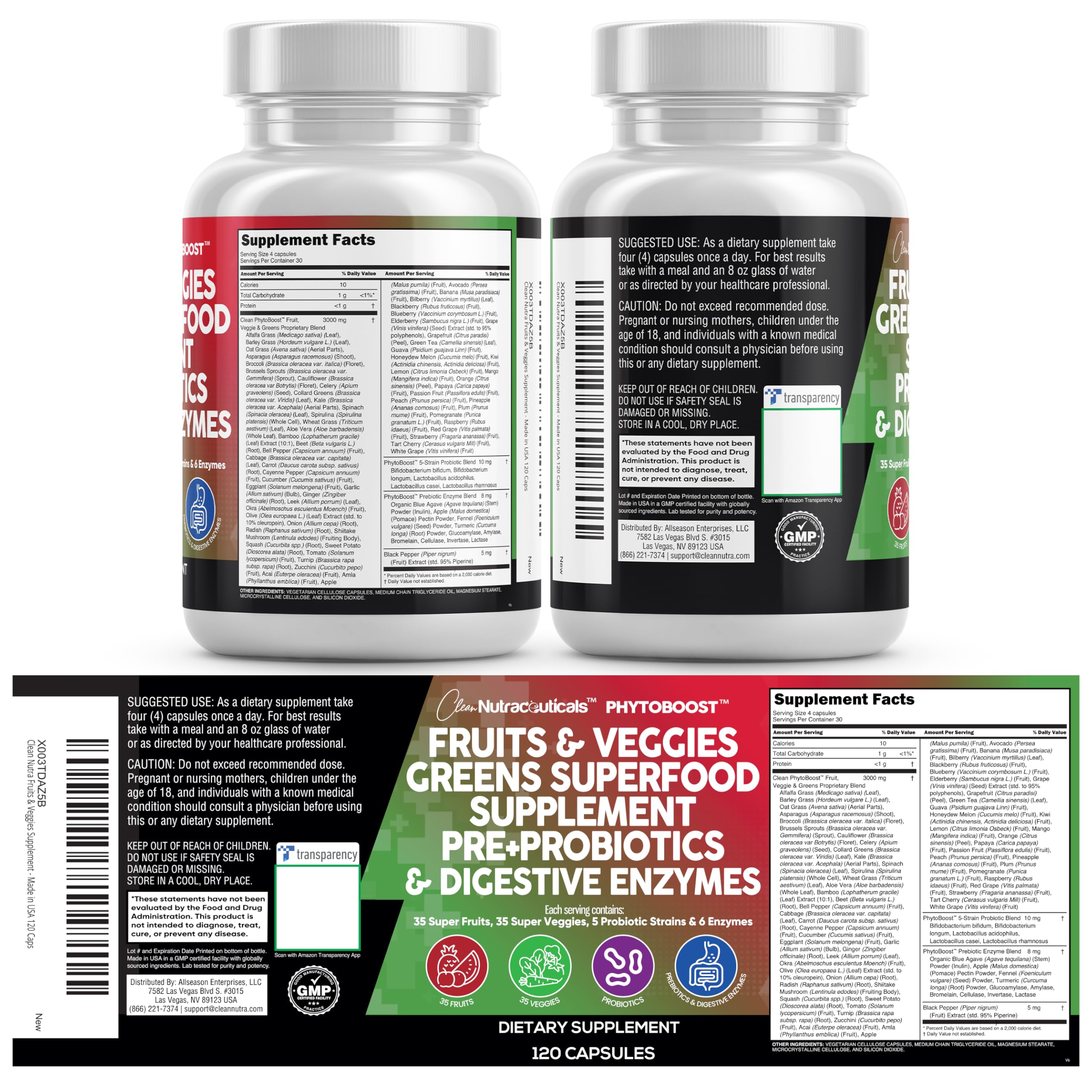 Clean Nutraceuticals Fruits and Veggies Supplement Reds & Green Superfood - Balance of Over 70 Fruit & Vegetable Supplements Capsules with Probiotics Prebiotics Digestive Enzymes - 120 Ct USA Clean NutraceuticalsBuy Supplements Australia