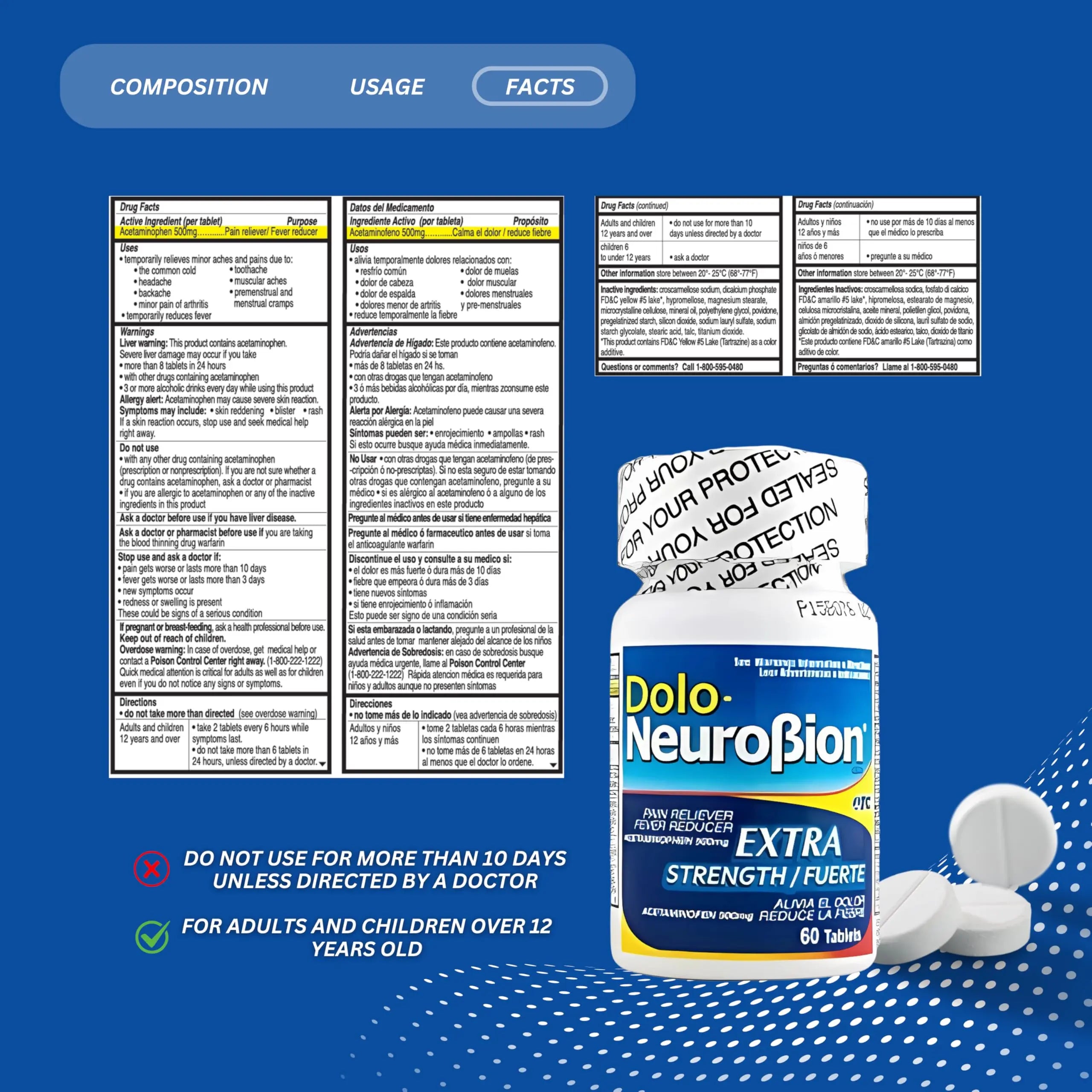 Dolo Neurobion Pain Reliever, Fever Reducer, Extra Strength. Alivia el Dolor,Reduce la Fiebre, Extra Fuerte. 60 Tablets. Acetaminophen 500 mg NeurobionBuy Supplements Australia