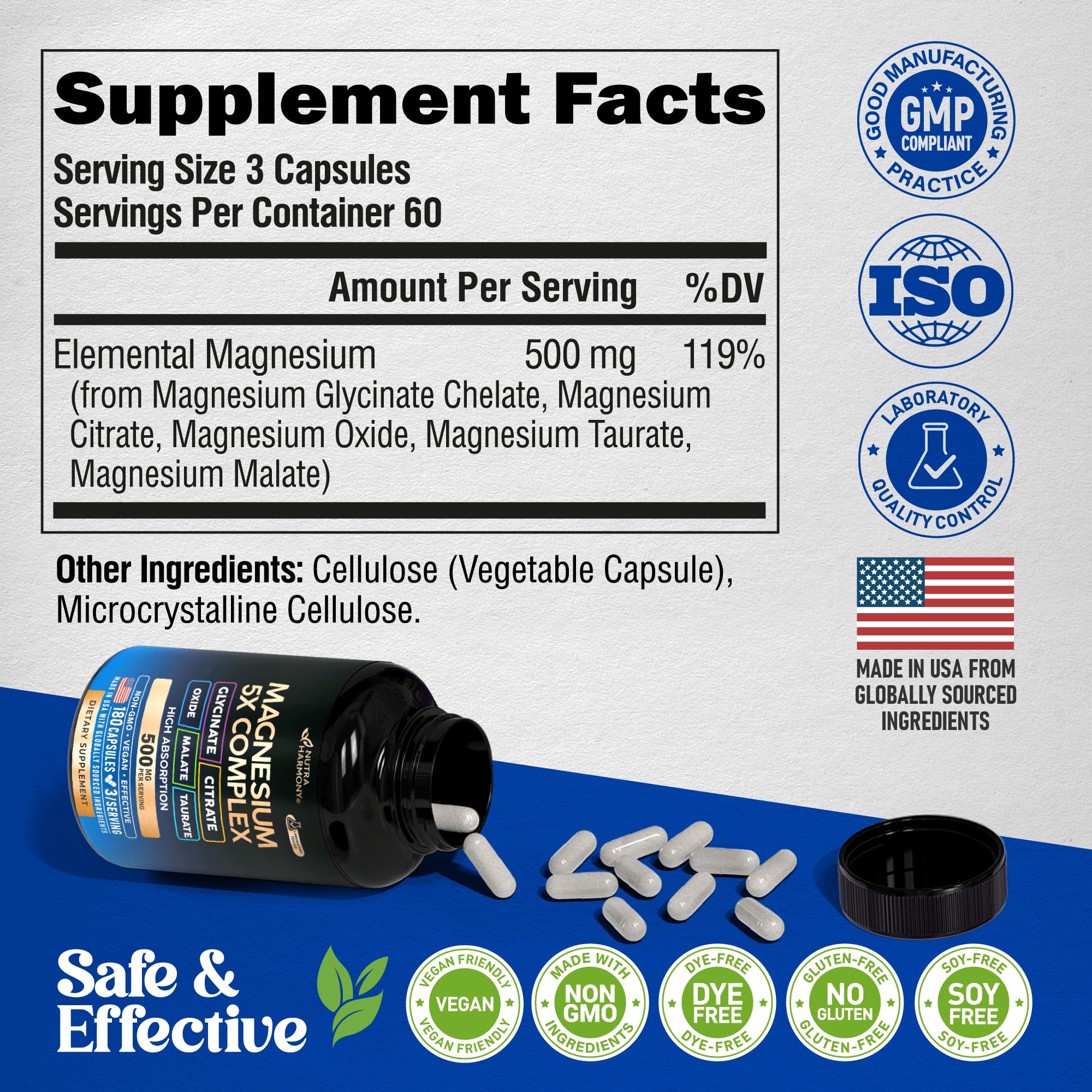 Magnesium Supplement - 5 in 1 Complex | Glycinate | Citrate | Malate | Taurate | Oxide - Made in USA - Stress, Muscle & Heart Support - Vegan, Natural, Non-GMO - 180 Capsules, 2 Month Supply NUTRAHARMONY buy supplements Au