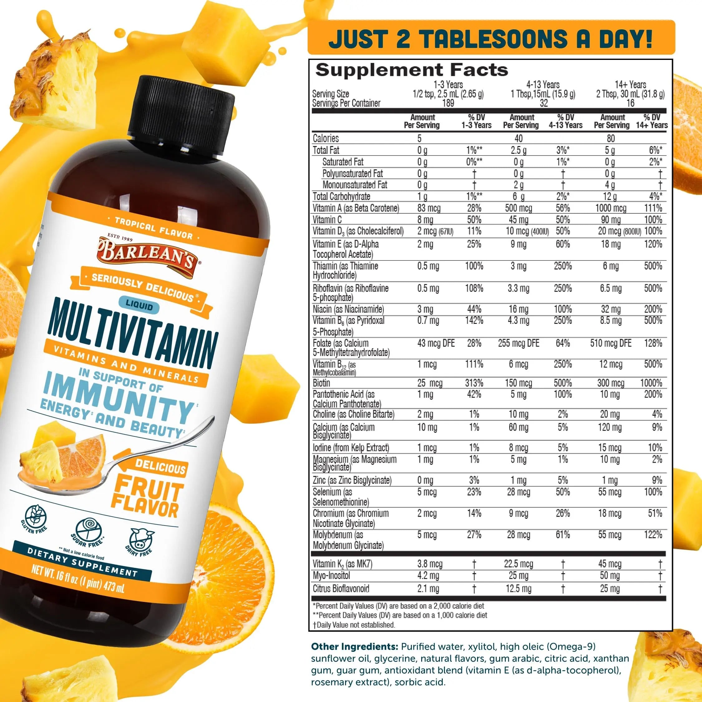Barlean's Liquid Multivitamin for Women, Men & Kids, 21 Essential Vitamins & Minerals, Includes Biotin, B-Complex Barlean's