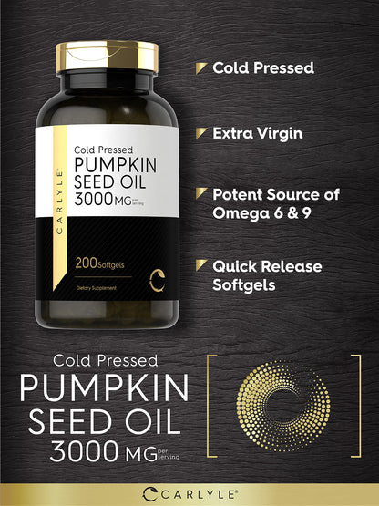 Carlyle Pumpkin Seed Oil Capsules | 3000mg | 200 Softgels | Essential Fatty Acids | Cold Pressed Dietary Supplement | Non-GMO and Gluten Free Formula