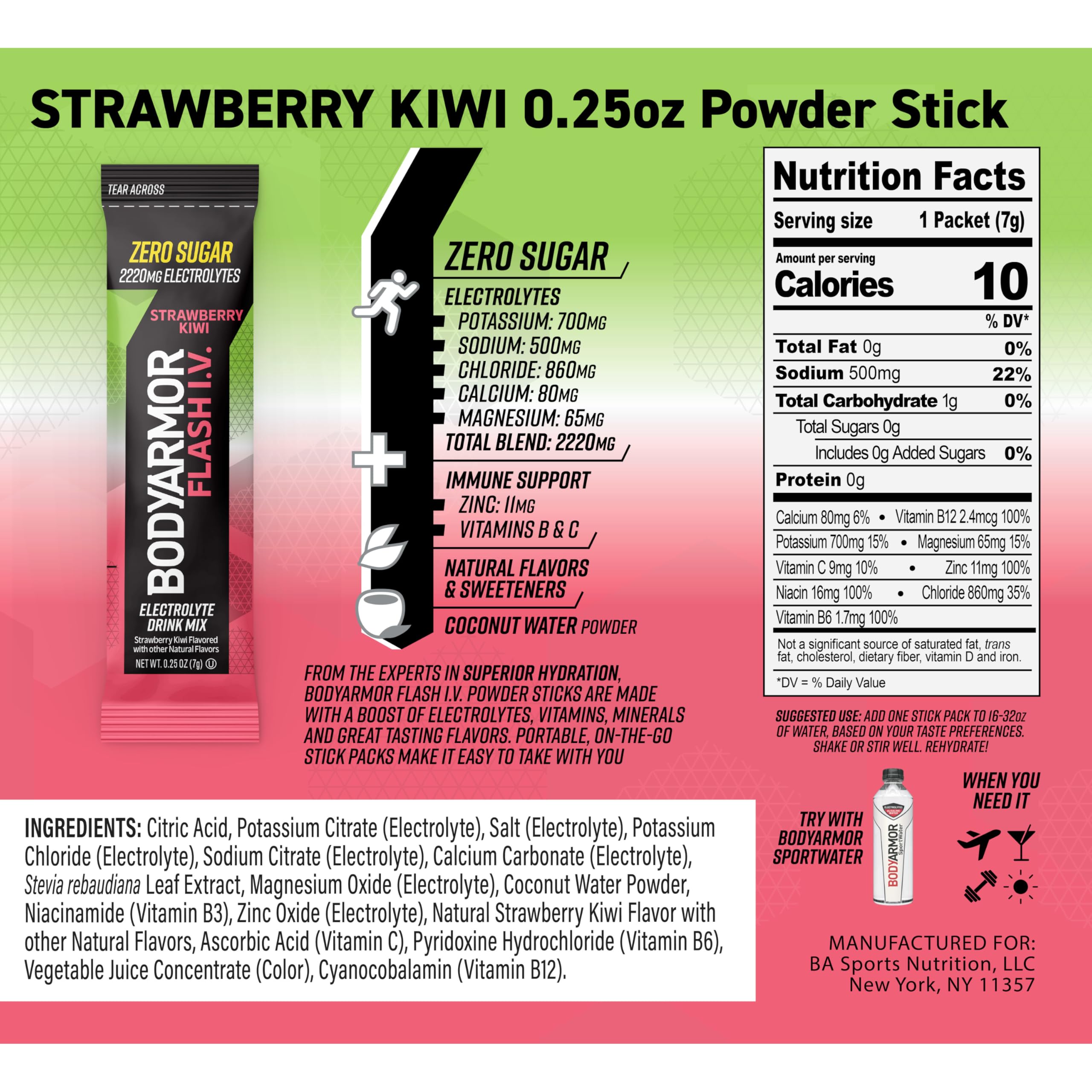 BODYARMOR Flash IV Electrolyte Packets, Strawberry Kiwi - Zero Sugar Drink Mix, Single Serve Packs, Coconut Water Powder (6 Count)