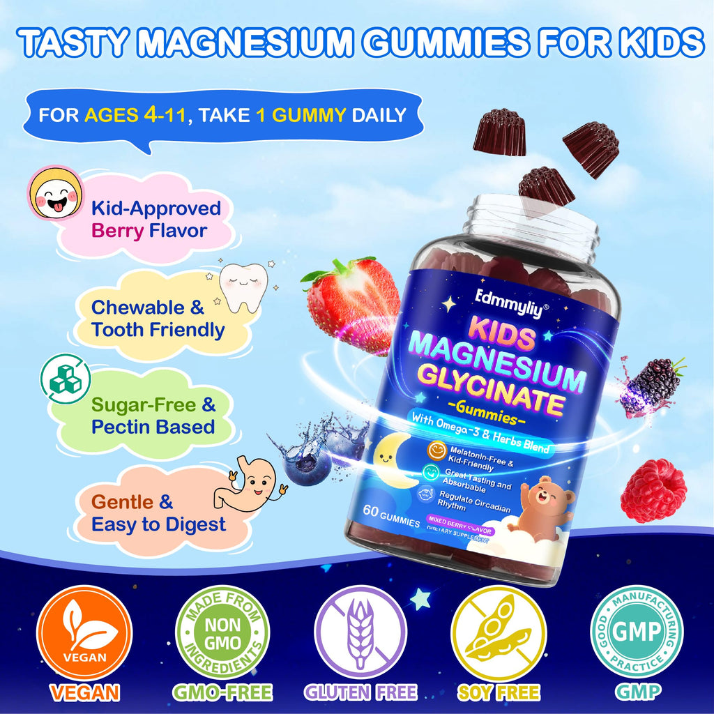 Kids Magnesium Glycinate Gummies - Magnesium Glycinate Supplement 200mg with L-theanine Omega-3 Calcium Vitamin D3 & B12 for Kids Natural Zzz at Bedtime & Overall Health - Sugar Free & Non-GMO EdmmyliyBuy Supplements Australia