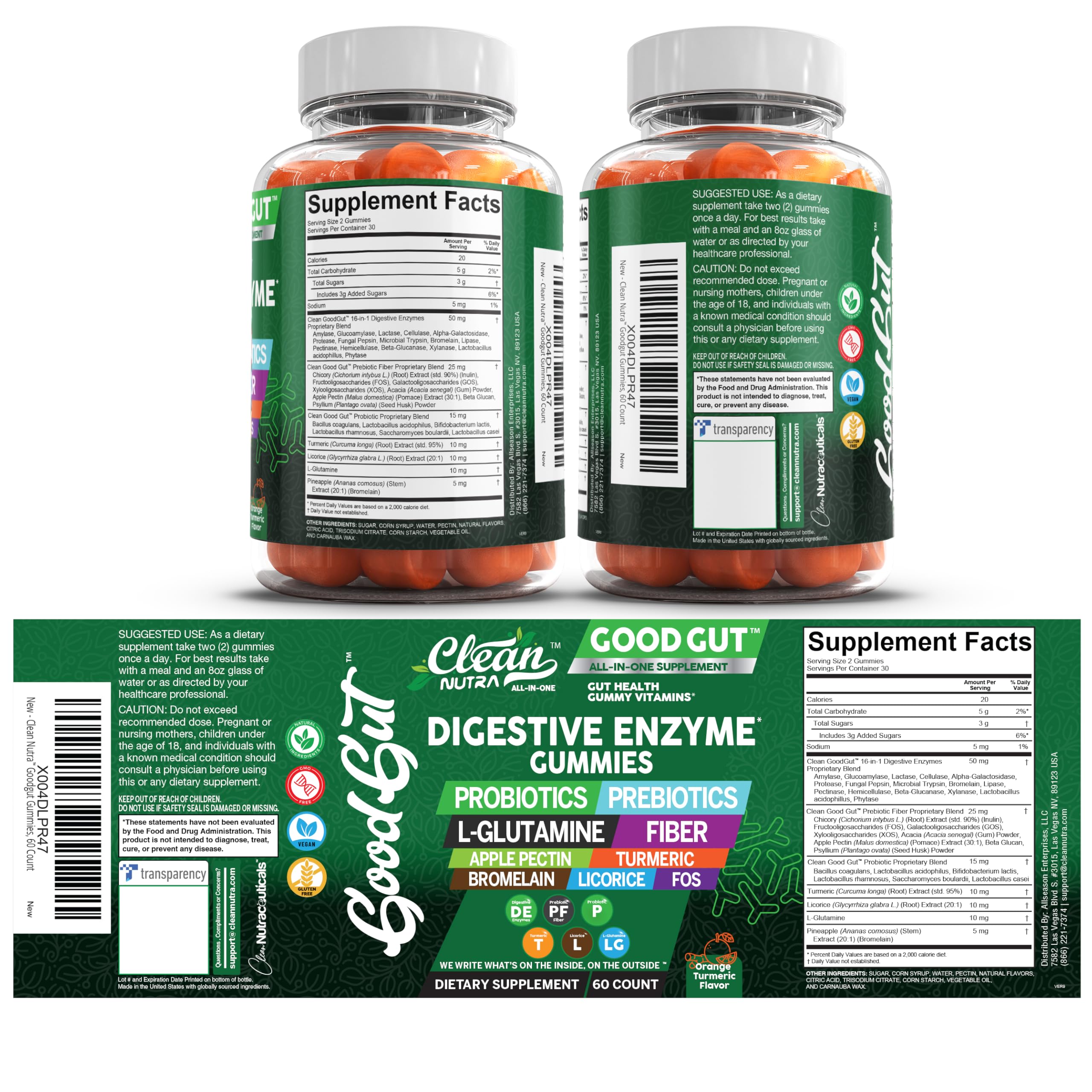 Clean Nutraceuticals Digestive Enzymes with Probiotics & Prebiotics for Digestive Health Gummies & L-Glutamine for Gut Health Bromelain Apple Pectin Inulin FOS Plant