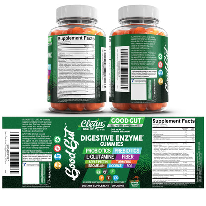 Clean Nutraceuticals Digestive Enzymes with Probiotics & Prebiotics for Digestive Health Gummies & L-Glutamine for Gut Health Bromelain Apple Pectin Inulin FOS Plant