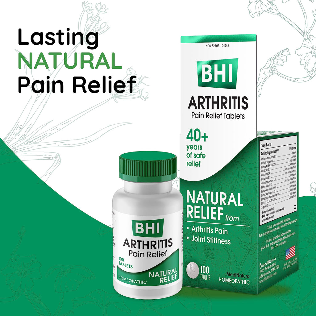 BHI Arthritis Pain Relief Daily Joint Health Support Arnica + 13 Natural Actives Homeopathic Plant & Mineral Blend Helps Relieve Minor Pain & Stiffness in Joints for Women & Men - 100 Tablets MediNaturaBuy Supplements Australia