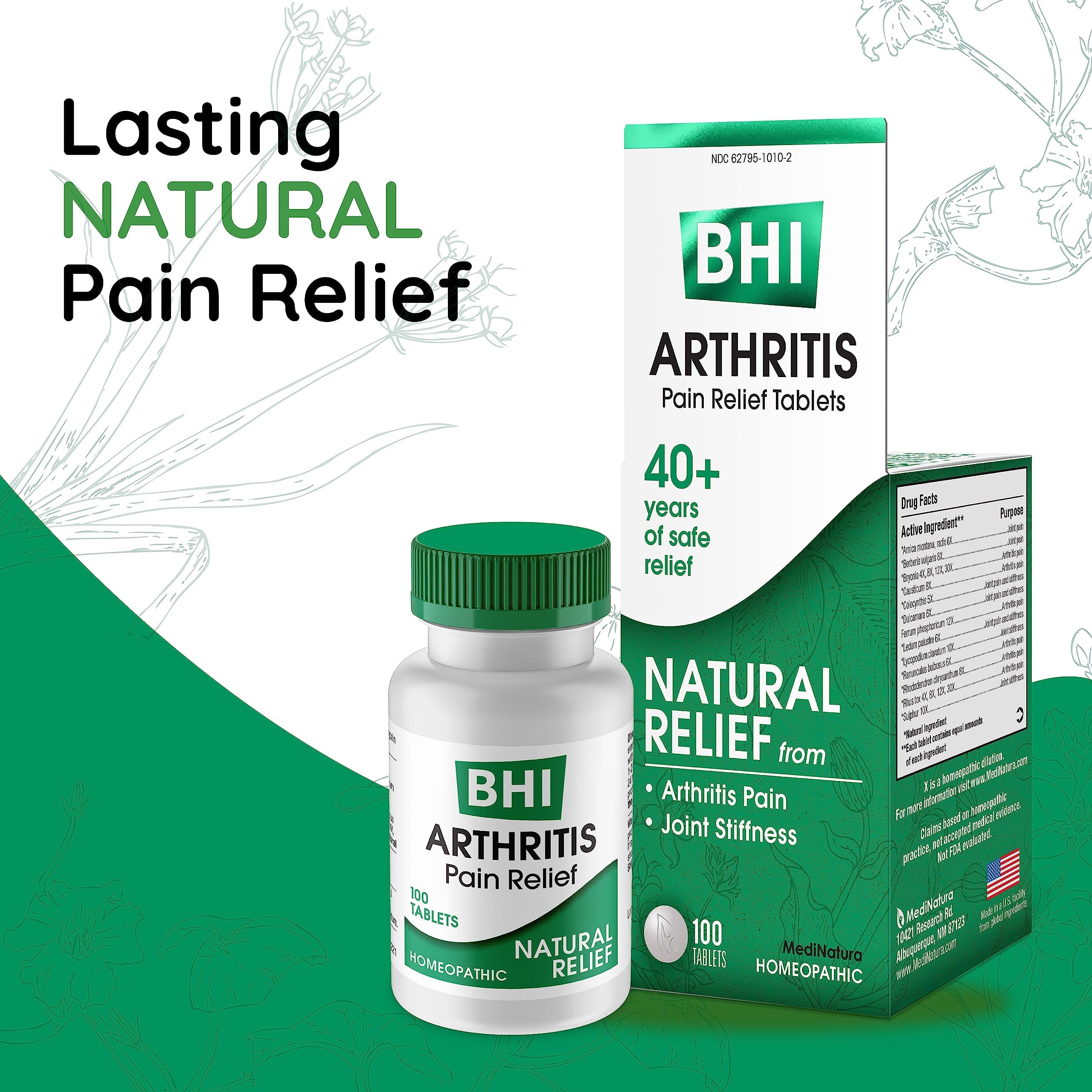 BHI Arthritis Pain Relief Daily Joint Health Support Arnica + 13 Natural Actives Homeopathic Plant & Mineral Blend Helps Relieve Minor Pain & Stiffness in Joints for Women & Men - 100 Tablets MediNaturaBuy Supplements Australia
