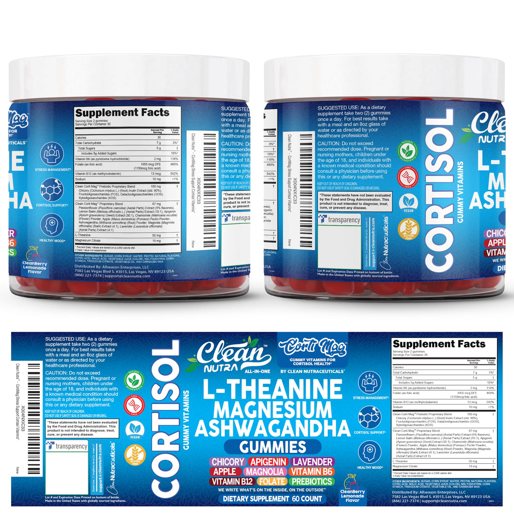 Clean Nutra Cortisol Supplement Gummies L-Theanine Magnesium Ashwagandha Apigenin Vitamin B6 Sleep and Calm Support Lavender Chicory Prebiotic Advanced Gummy Formula Clean NutraceuticalsBuy Supplements Australia