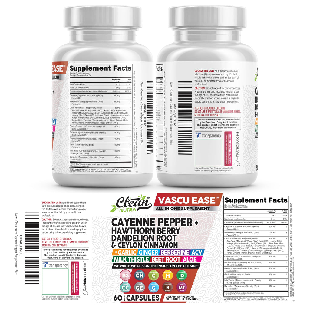 Clean Nutra Cayenne Pepper Capsules Supplement with Hawthorn Berry, Dandelion Root, Ceylon Cinnamon, Garlic, Ginger, Berberine, Apple Cider Vinegar, Milk Thistle, Beet Root, Aloe Vera Pills & More Clean Nutraceuticals buy supplements Au
