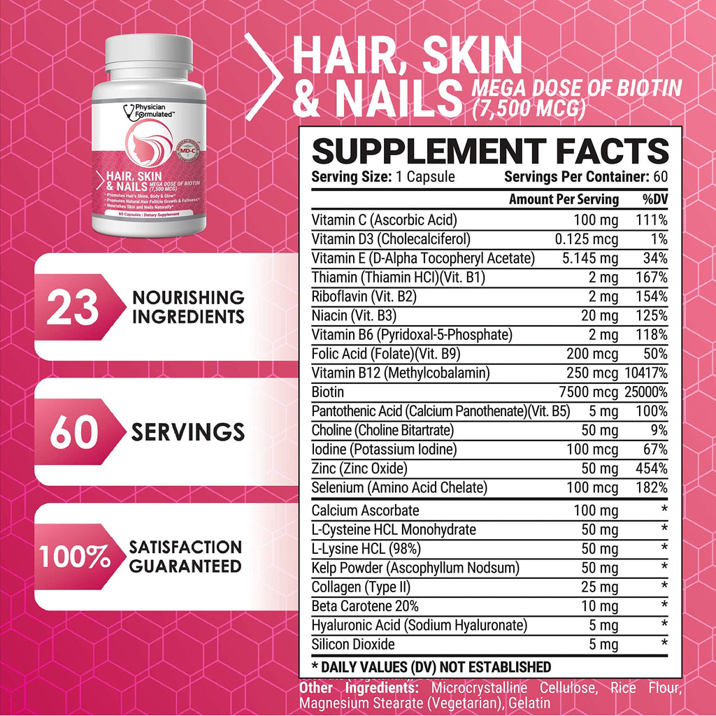 Physician Formulated Healthy Hair Skin and Nails Vitamins for Men and Women - 7500 mcg Biotin, Amino Acids, Collagen and Hyaluronic Acid - 60 Capsules Physician FormulatedBuy Supplements Australia
