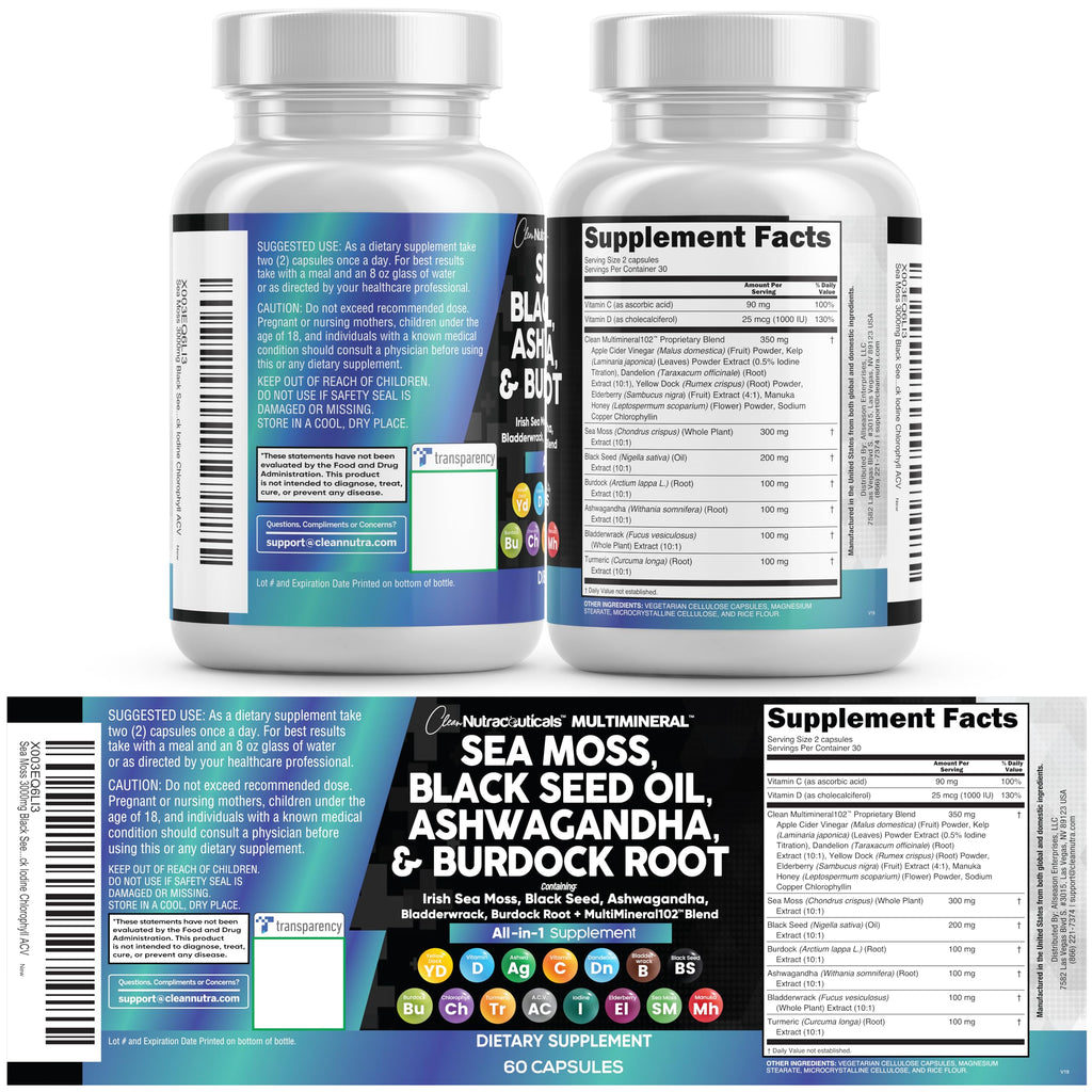 Clean Nutraceuticals Sea Moss Black Seed Oil Ashwagandha Turmeric Bladderwrack Burdock & Vitamin C Vitamin D3 with Elderberry Manuka Dandelion Yellow Dock Iodine Chlorophyll ACV Clean NutraceuticalsBuy Supplements Australia